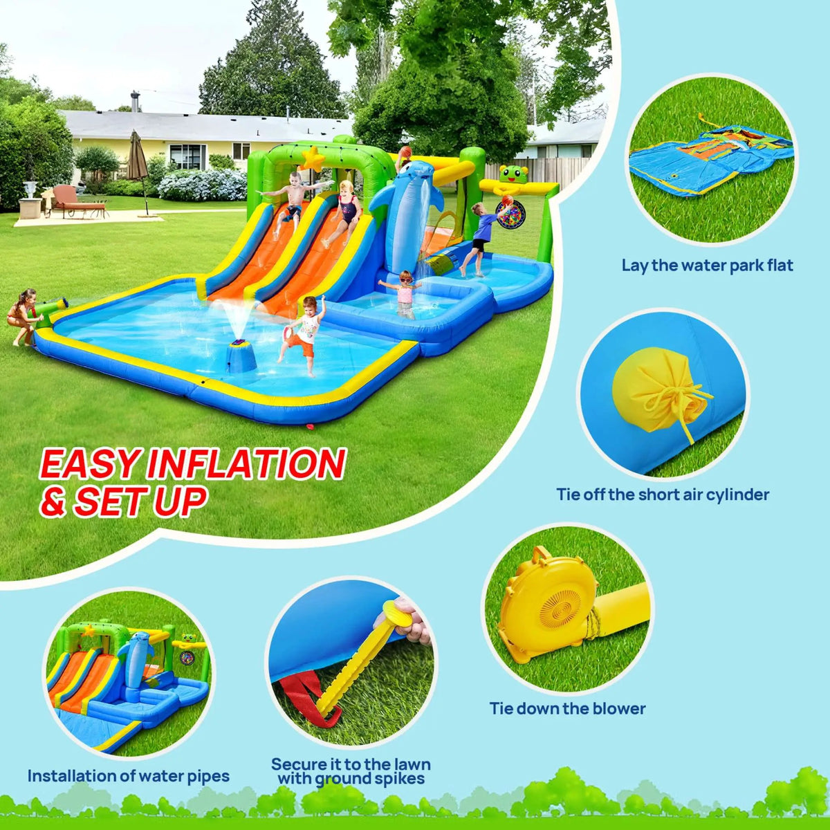 9-In-1 Inflatable Bounce House | Pool Sprinkler And Water Gun | Continuous Inflation System | Water Park Play Center