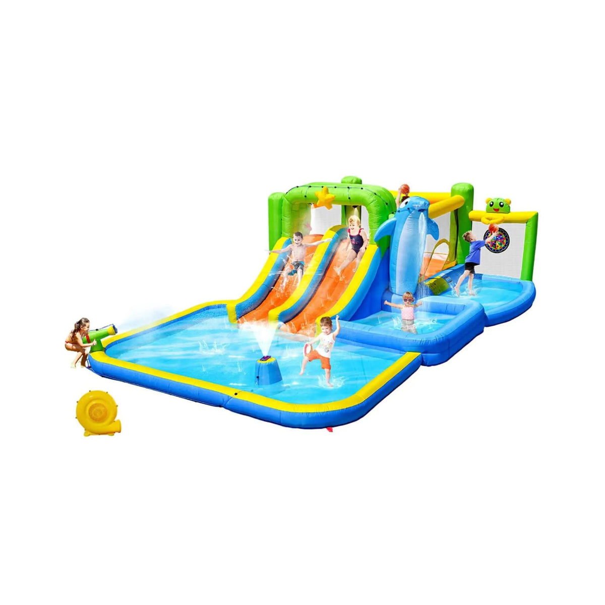 9-In-1 Inflatable Bounce House | Pool Sprinkler And Water Gun | Continuous Inflation System | Water Park Play Center