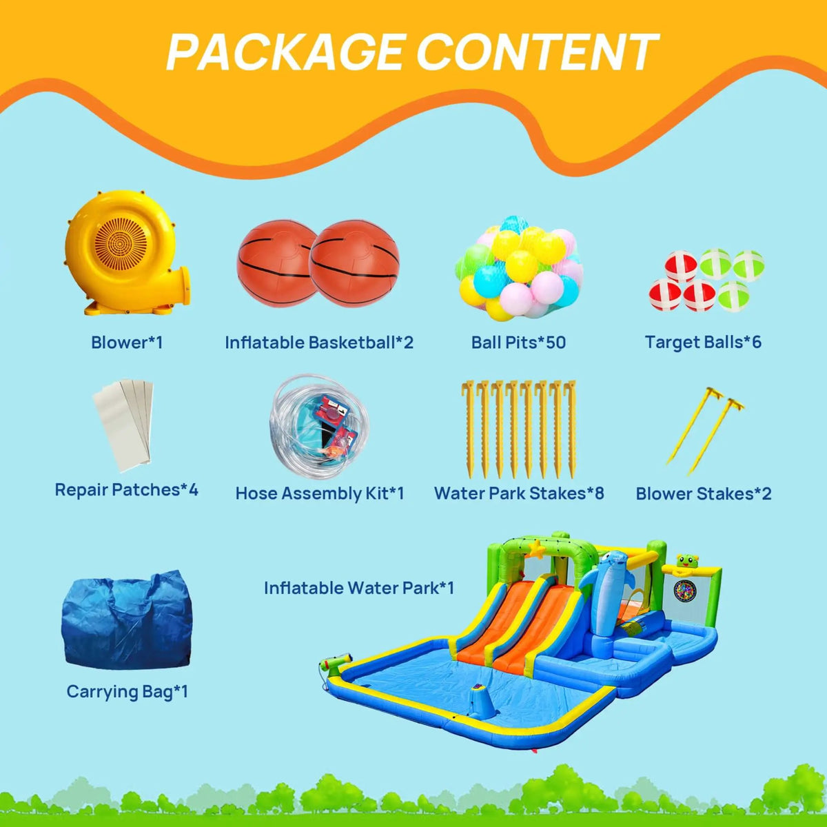 9-In-1 Inflatable Bounce House | Pool Sprinkler And Water Gun | Continuous Inflation System | Water Park Play Center