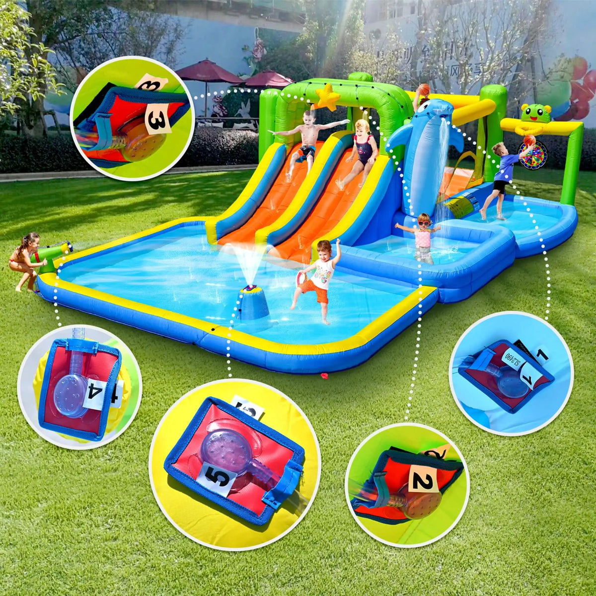 9-In-1 Inflatable Bounce House | Pool Sprinkler And Water Gun | Continuous Inflation System | Water Park Play Center