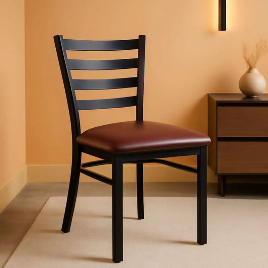 Hercules Black Ladder Back Metal Restaurant Chair Burgundy Vinyl Seat from PriceLows™