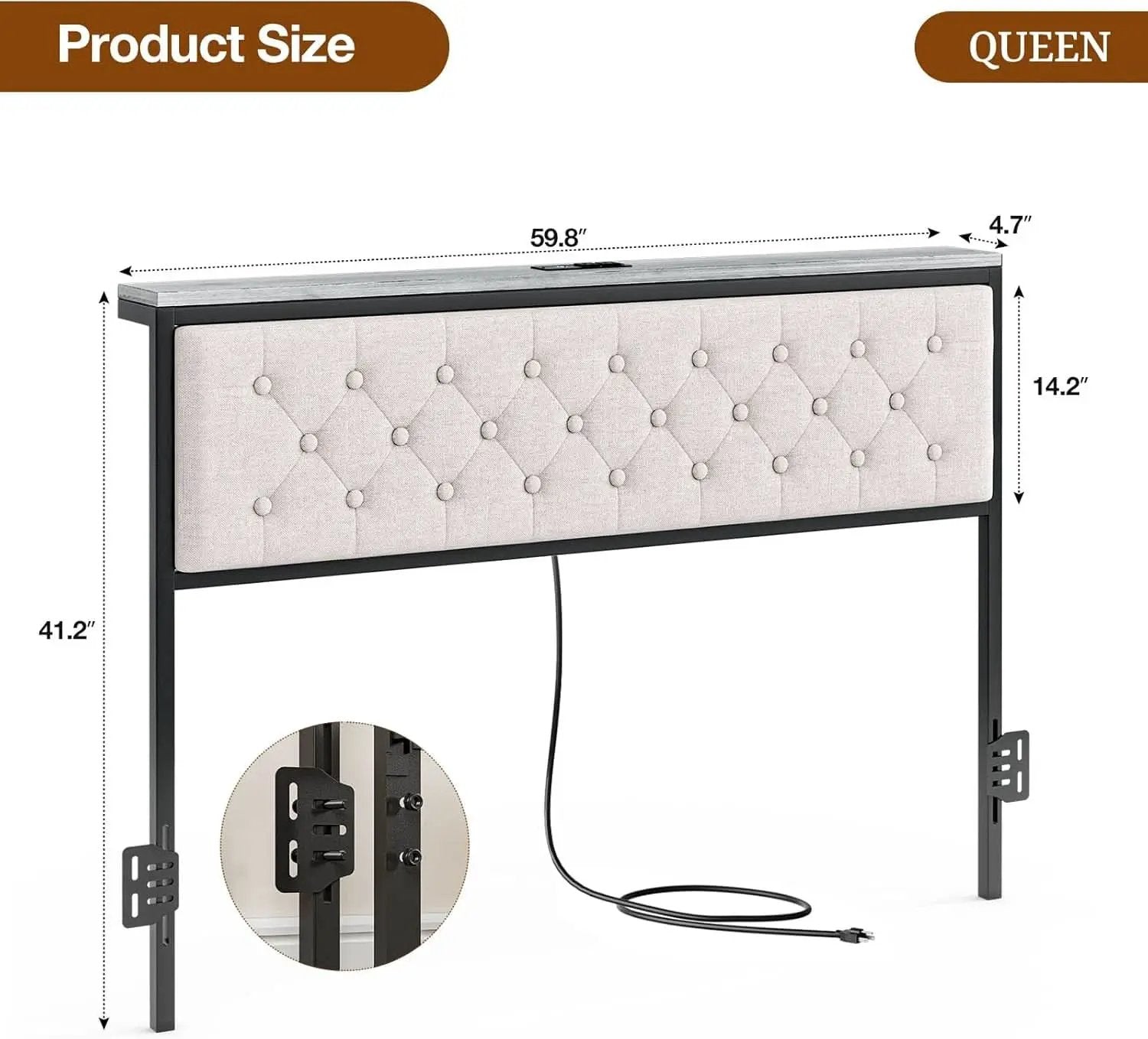Queen Size Upholstered Headboard with Storage and Charging from PriceLows™
