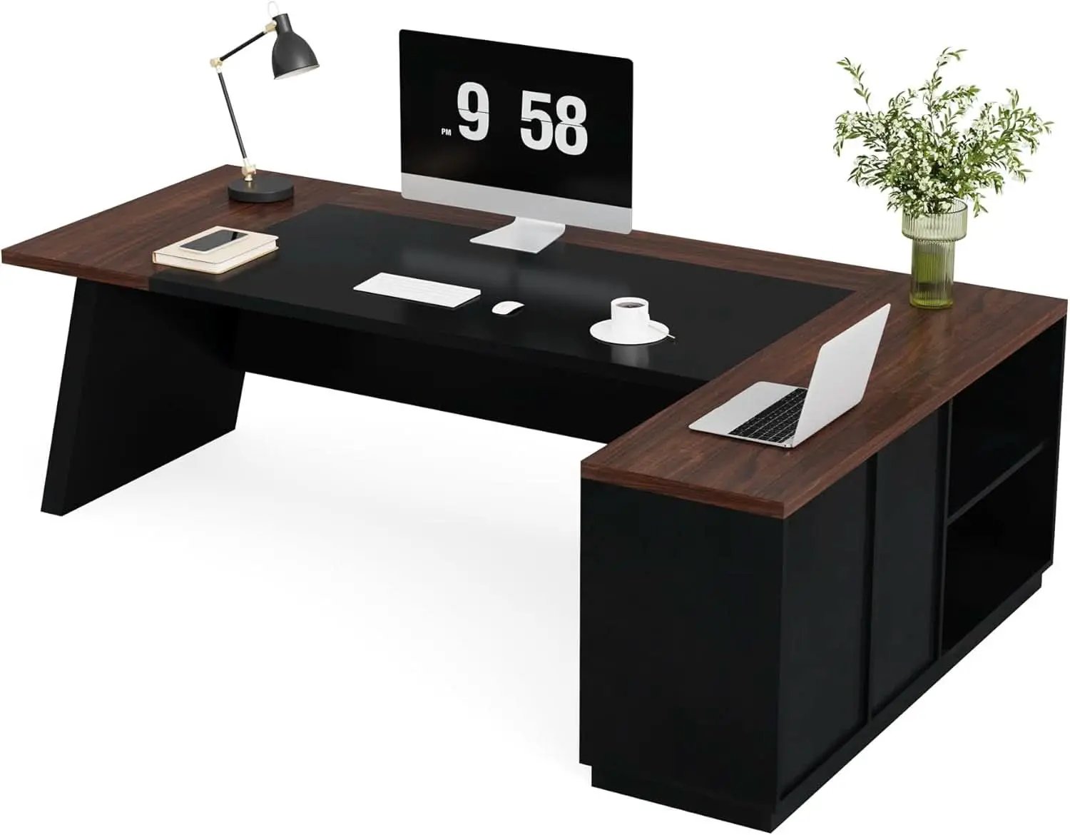 78 Inch L Shaped Executive Desk Walnut Black For Home Office from PriceLows™