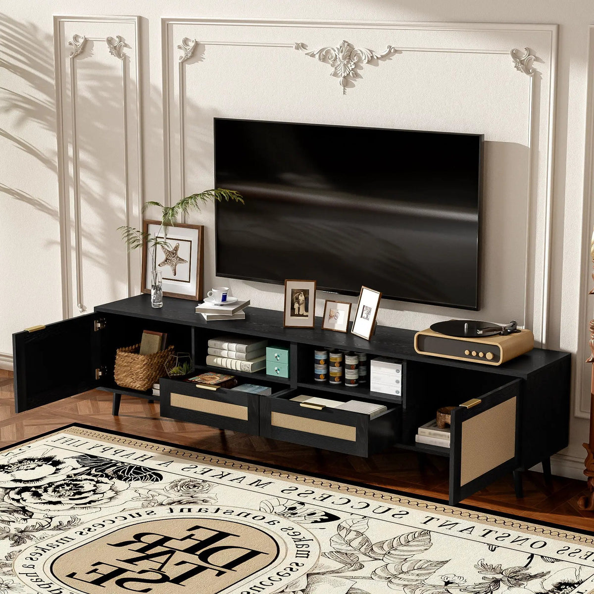 Rattan TV Stand | Media Console | Two Cabinets And Two Open Shelves | Cable Management