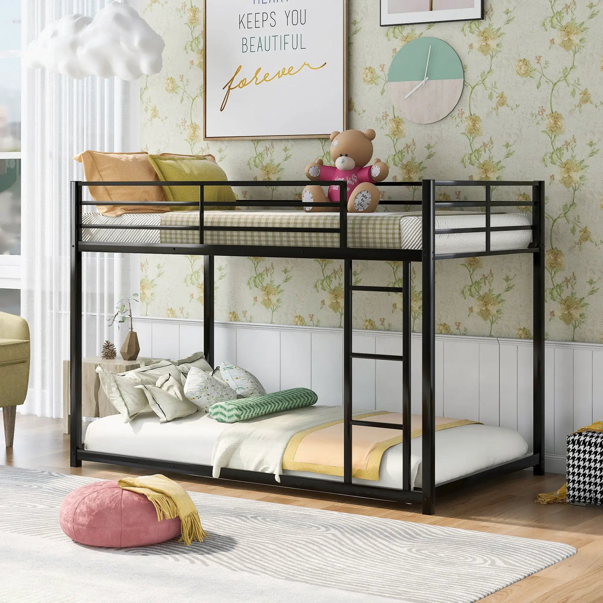 Metal Bunk Bed | Full Over Full Frame | Low Bunk With Ladder | Heavy Gauge Tubular Steel