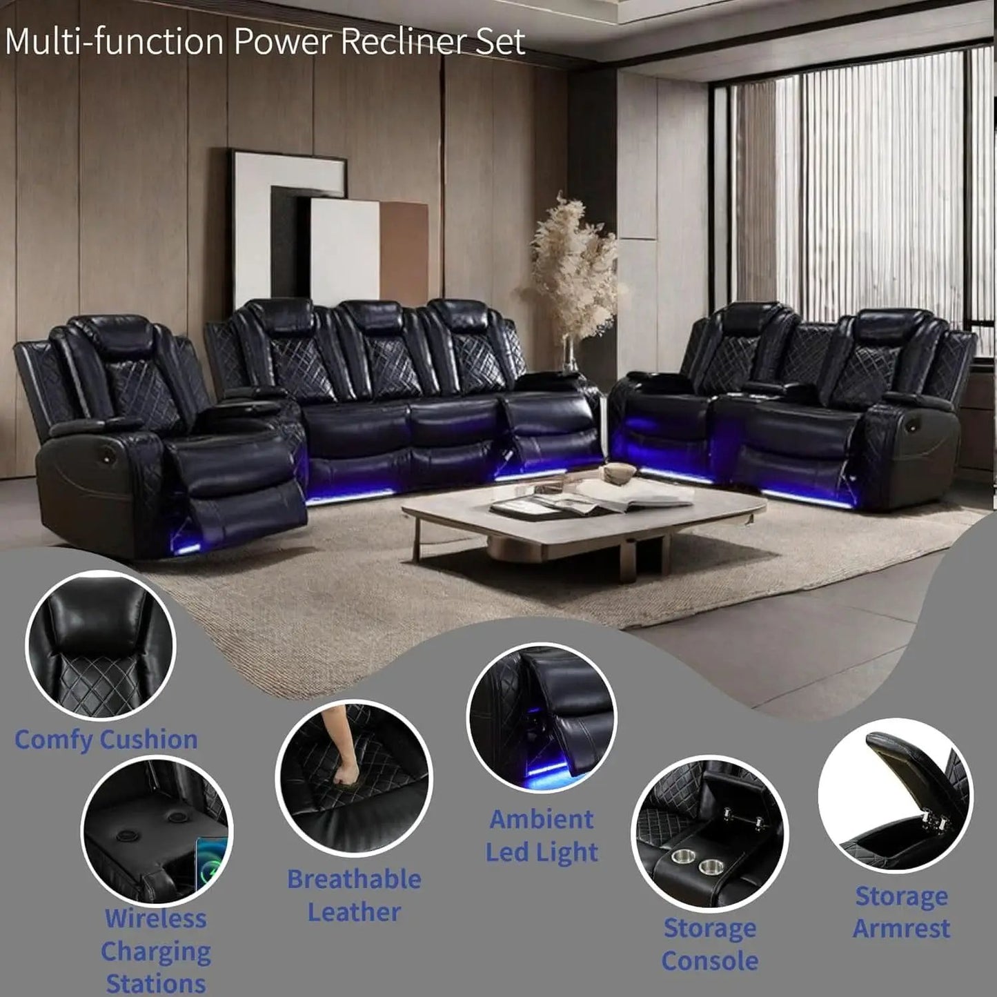 Power Recliner Set With LED Lights And Wireless Charger USB Port from PriceLows™