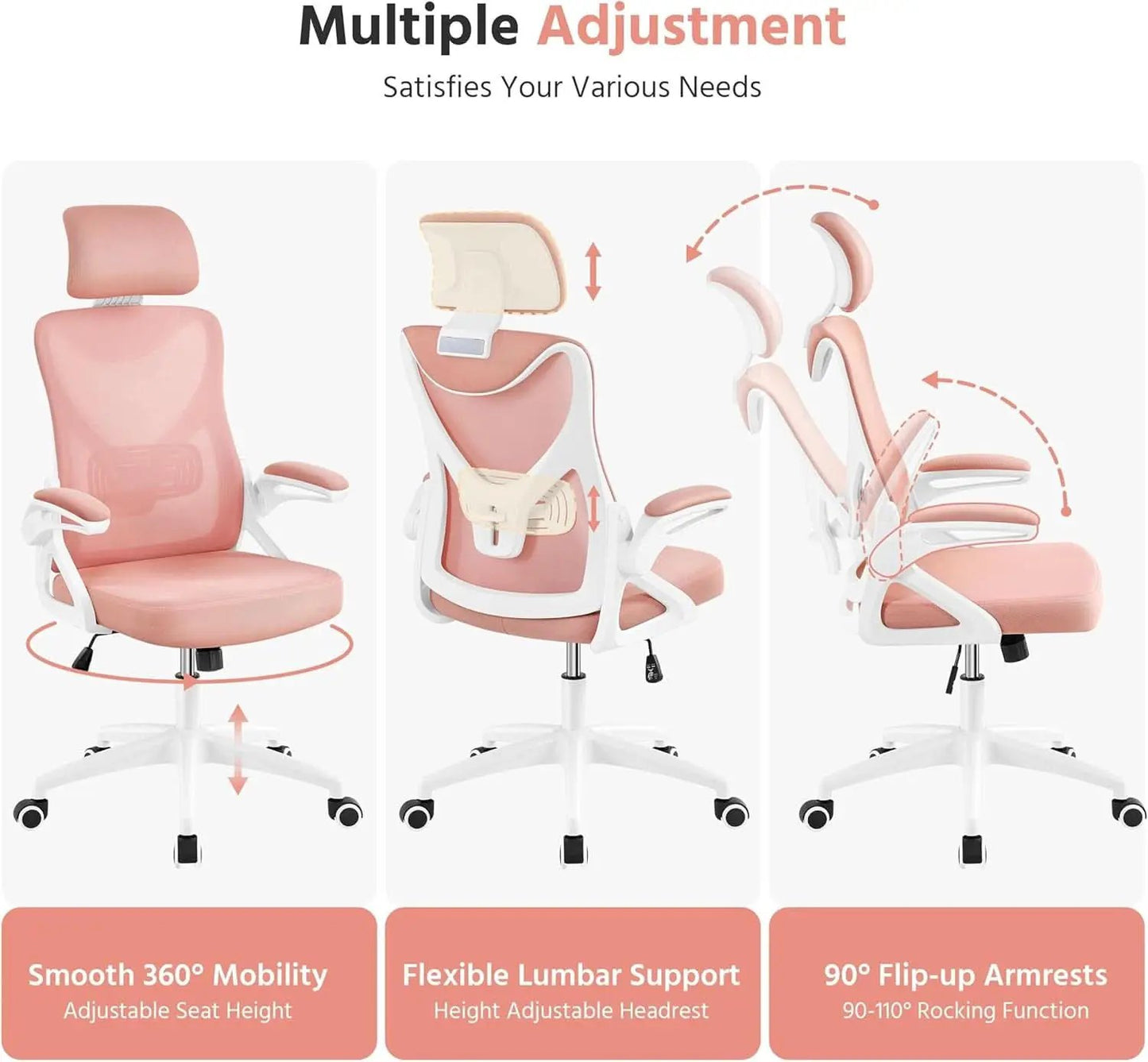Ergonomic Office Chair High Back Mesh White Pink Lumbar from PriceLows™