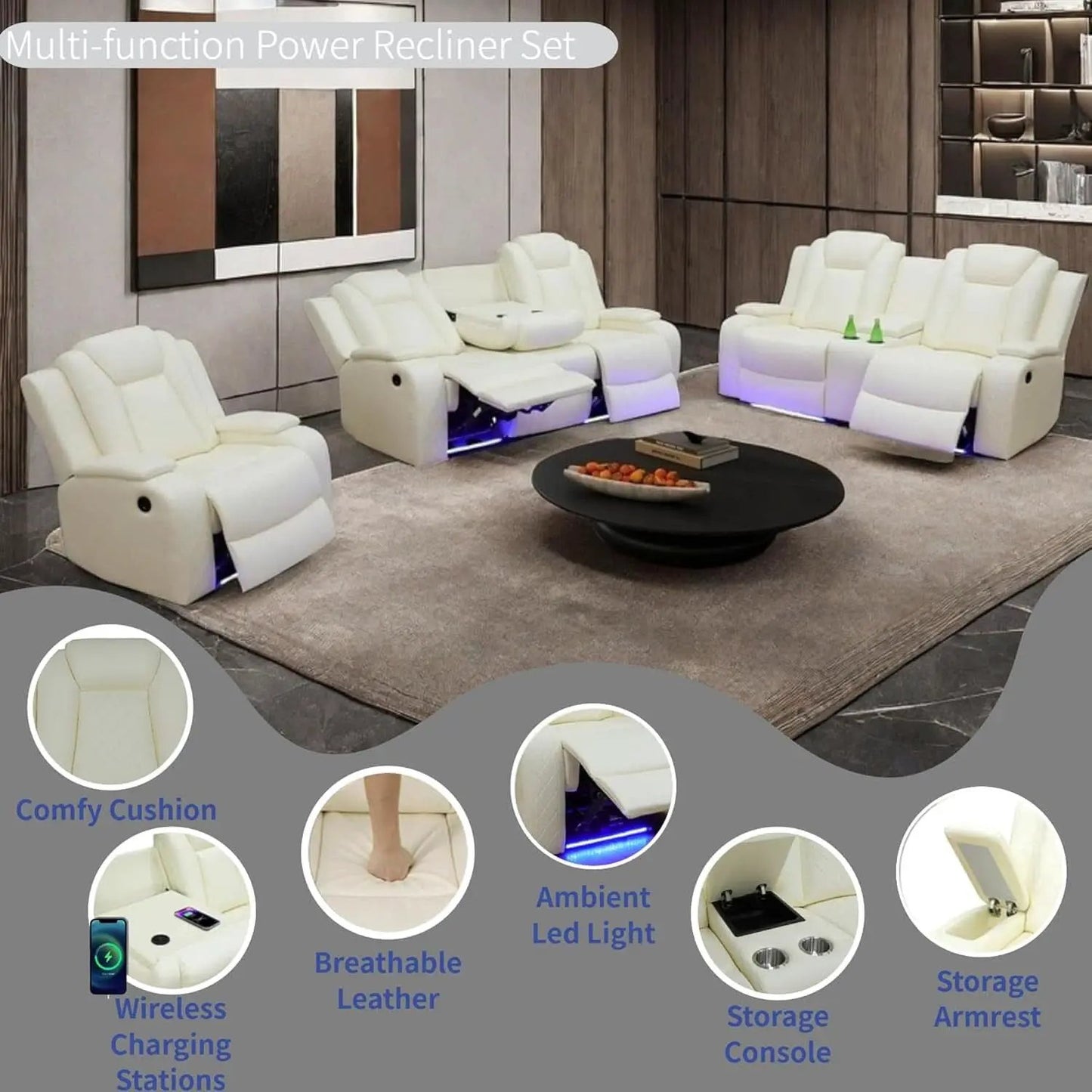 Power Recliner Set With LED Lights And USB Charging Ivory White from PriceLows™