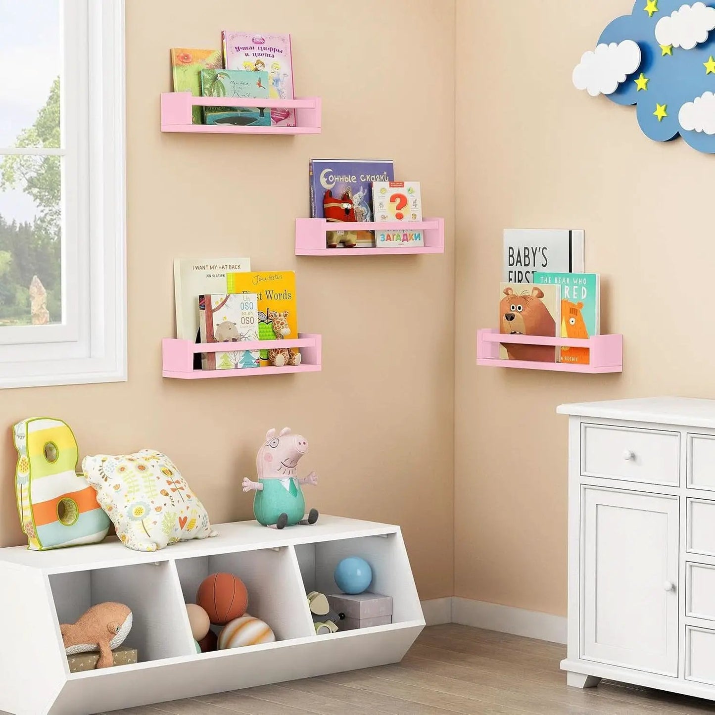 Pink Floating Wall Shelves Set Of 4 Wooden Bookshelves from PriceLows™