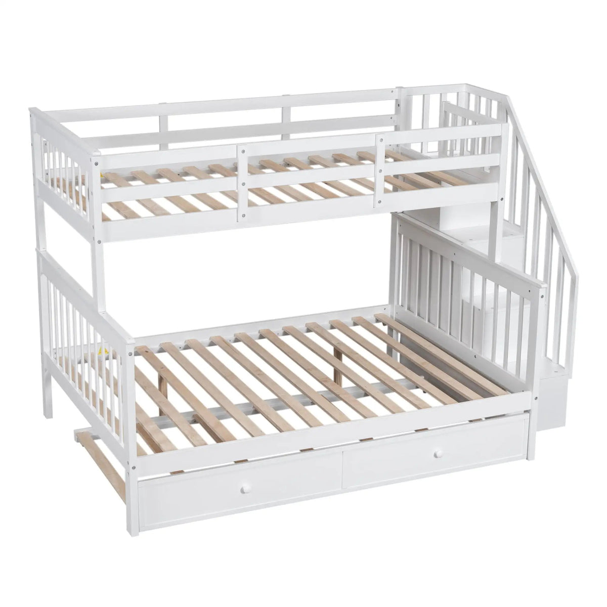 Twin Bunk Bed With Trundle | Hidden Stair Storage | Guard Rail | Bedroom Furniture