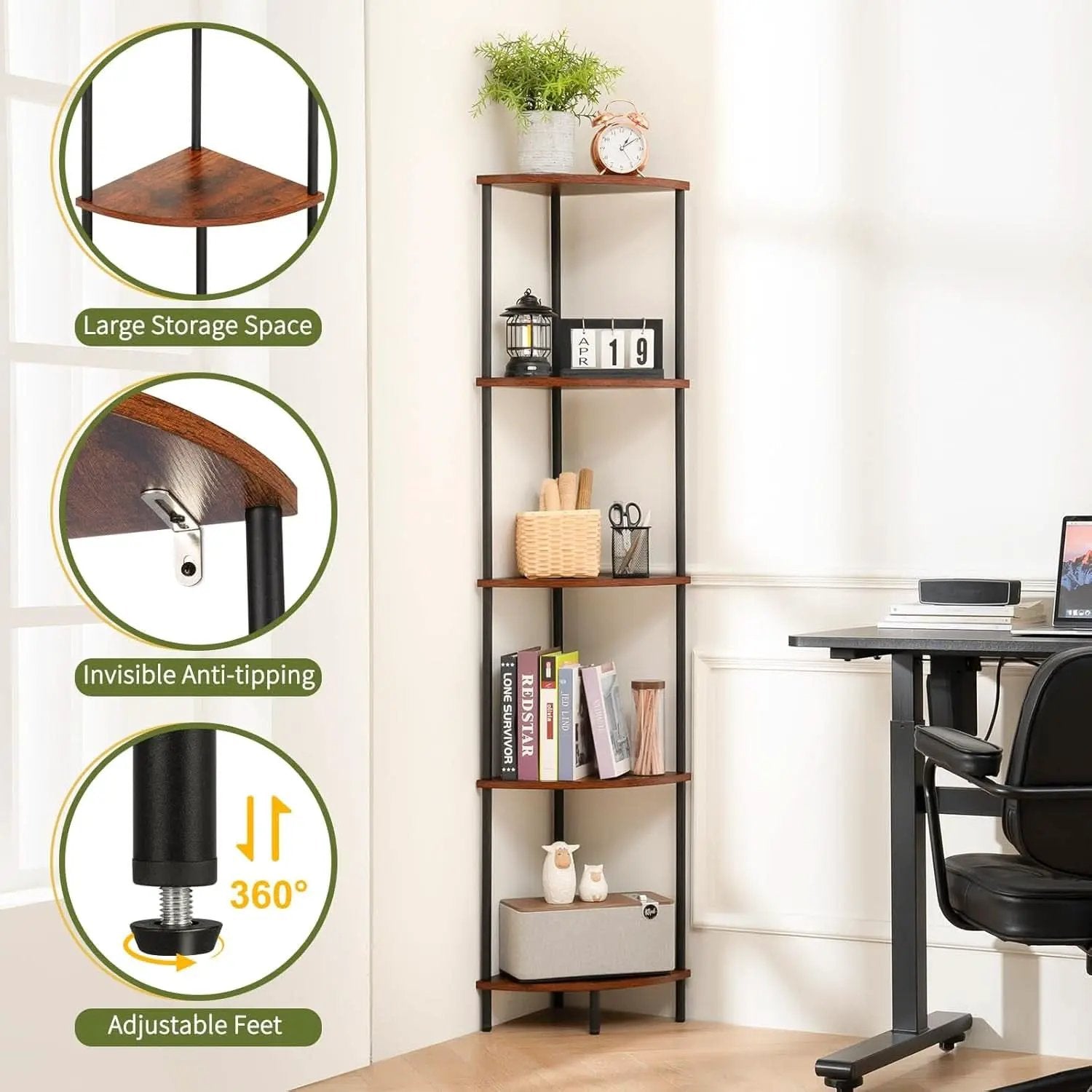65 Inch Rustic Corner Shelf Stand 5 Tier Bookshelf from PriceLows™
