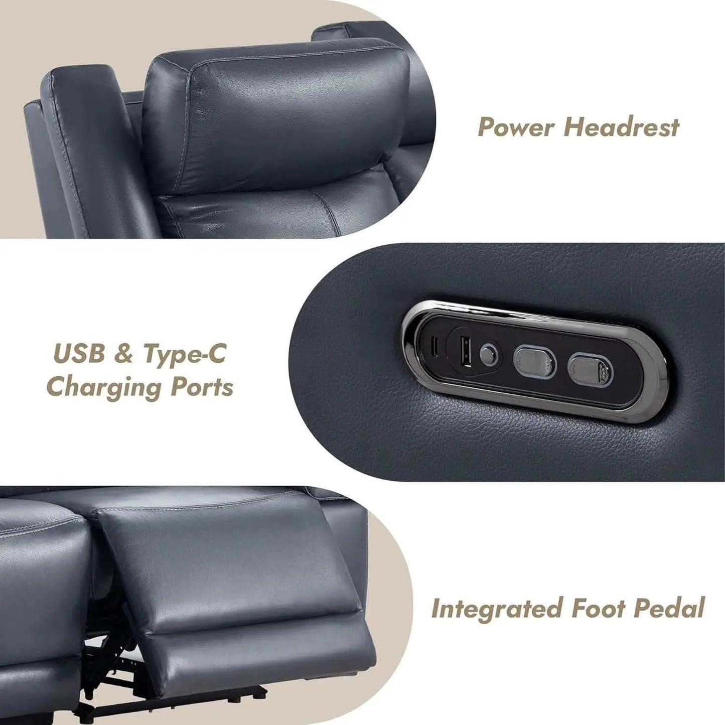 Navy Genuine Leather Power Recliner Sofa With USB Type C from PriceLows™