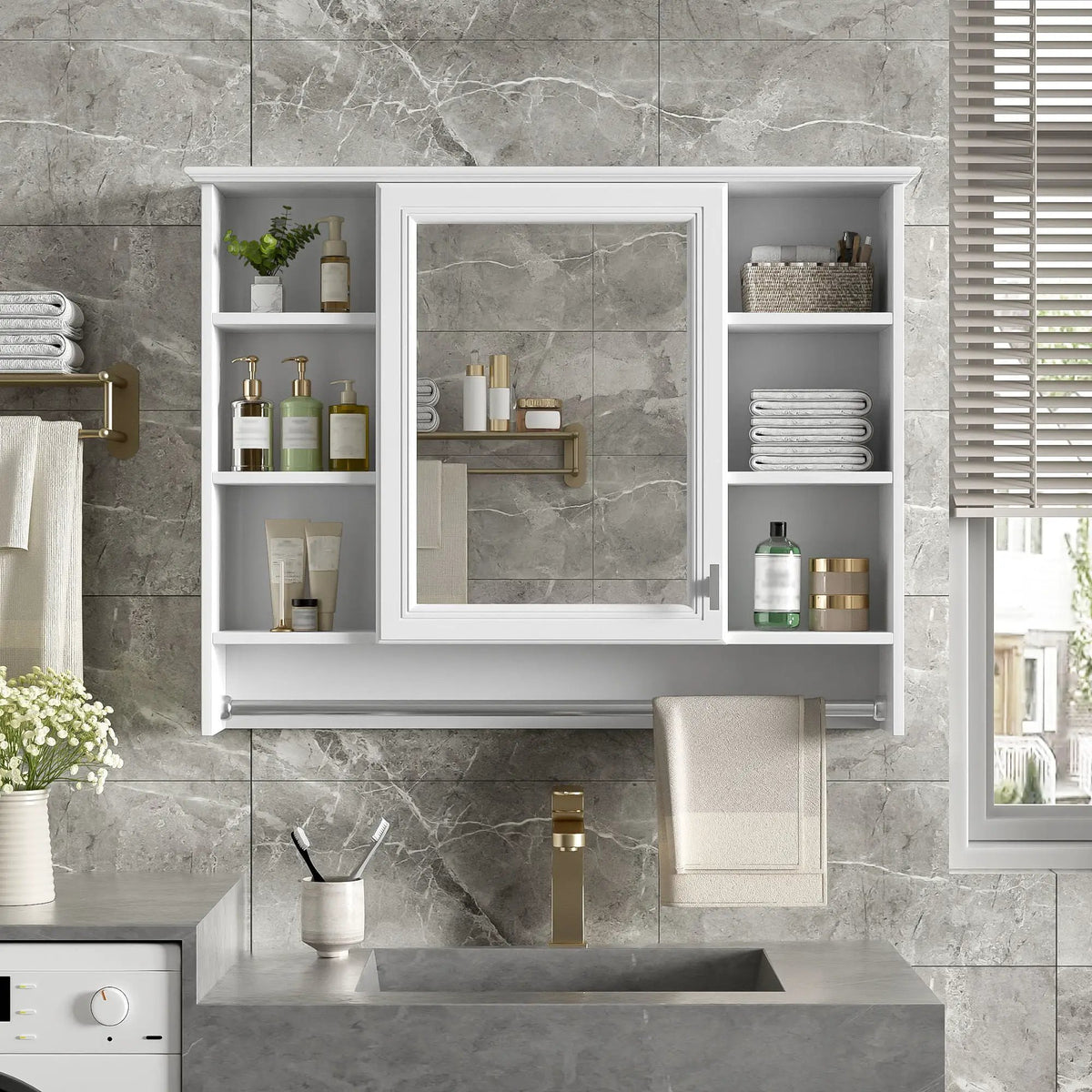 Wall Mounted Mirror Cabinet | Soft Close Door | Adjustable Shelf | Towel Bar
