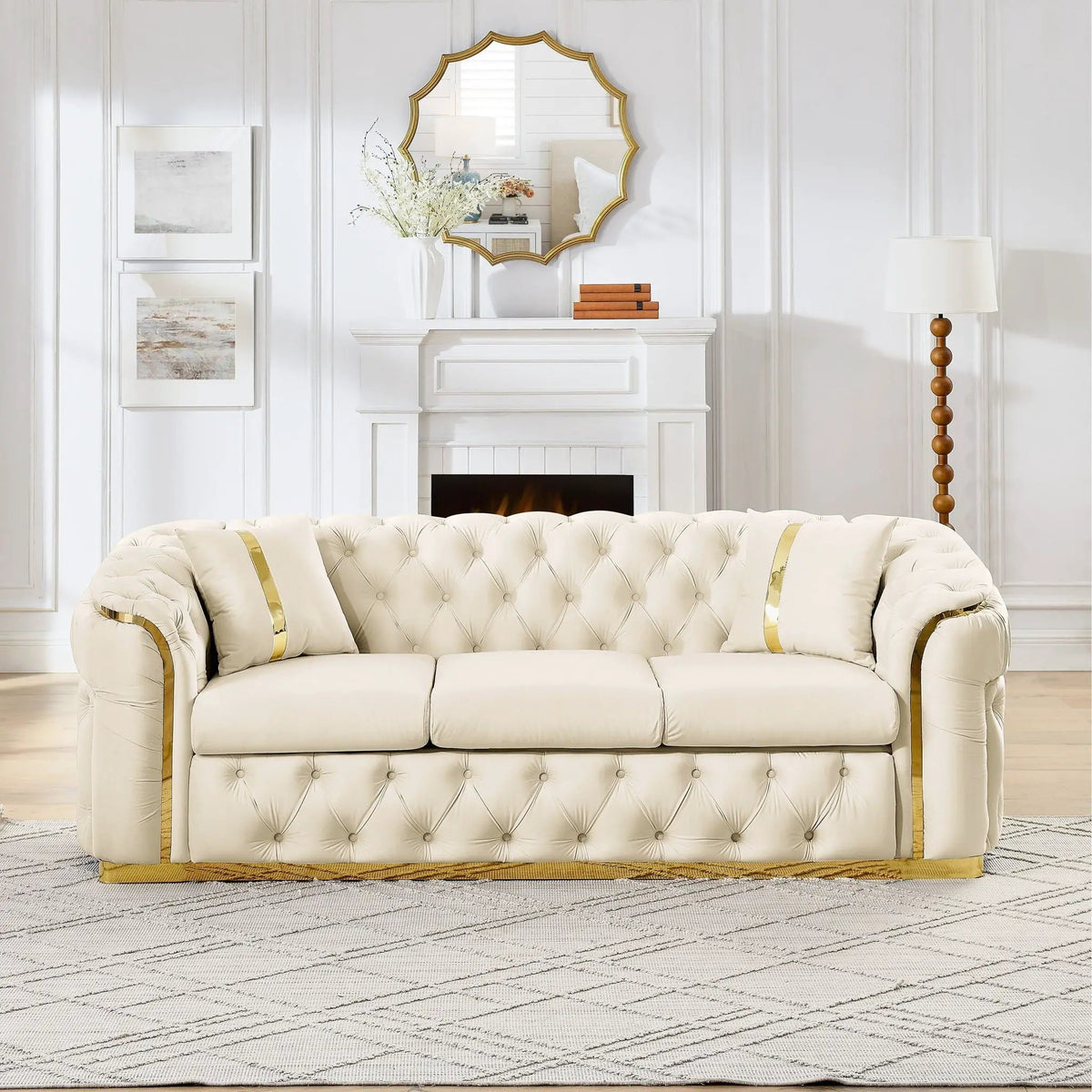 Button Tufted Chesterfield Sofa | 3 Seater | 2 Decorative Pillows | 90.6 Inch Length