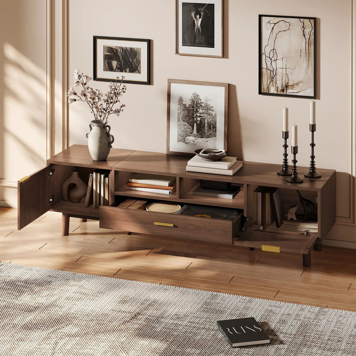 75 Inch TV Stand | Soft Closing Doors | Interwoven Rattan Door | Drop Down Cabinet