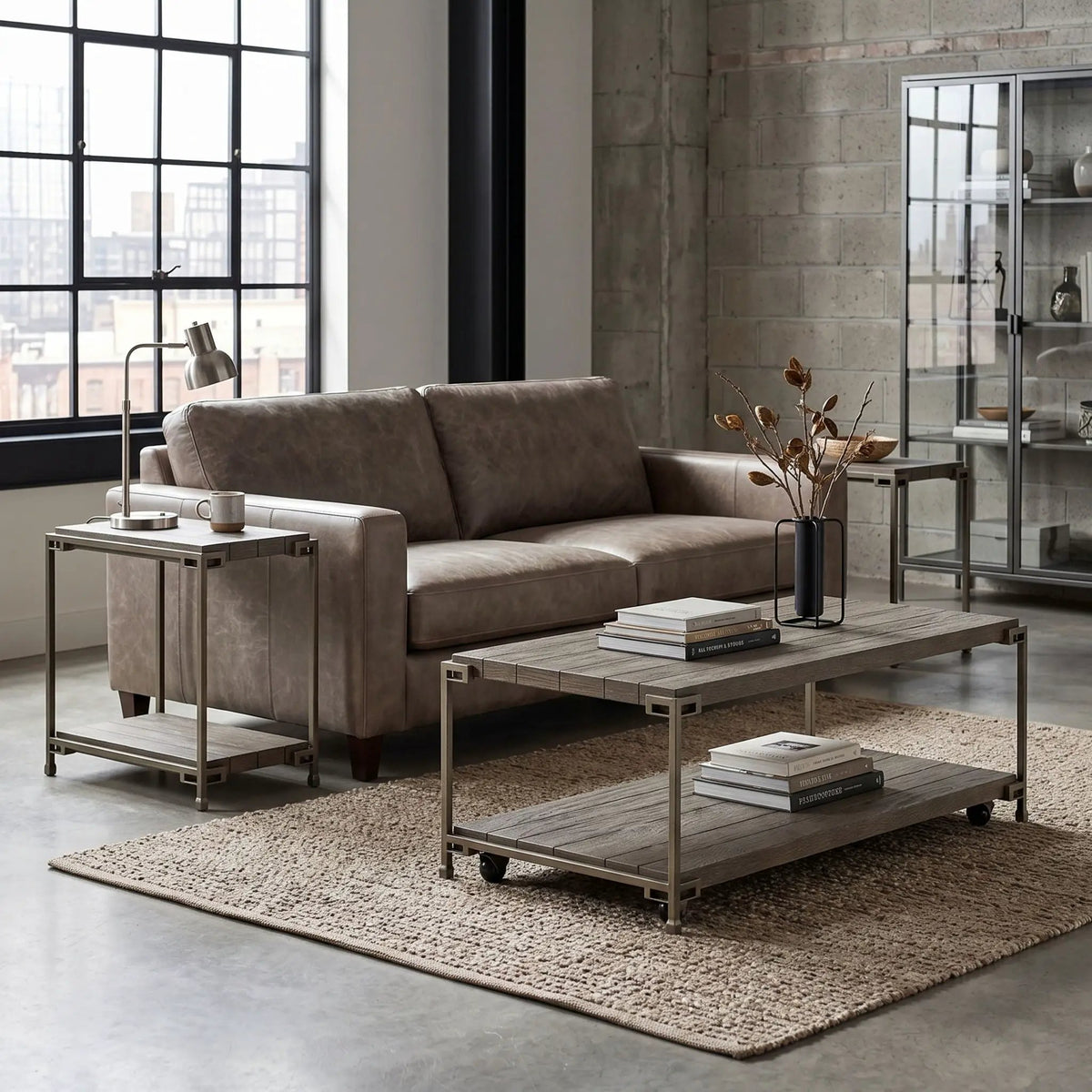 Corbeta 3 Piece Coffee Table Set | Metal Frame Wood Tables | 2 Chairside Tables | Aged Graphite Finish