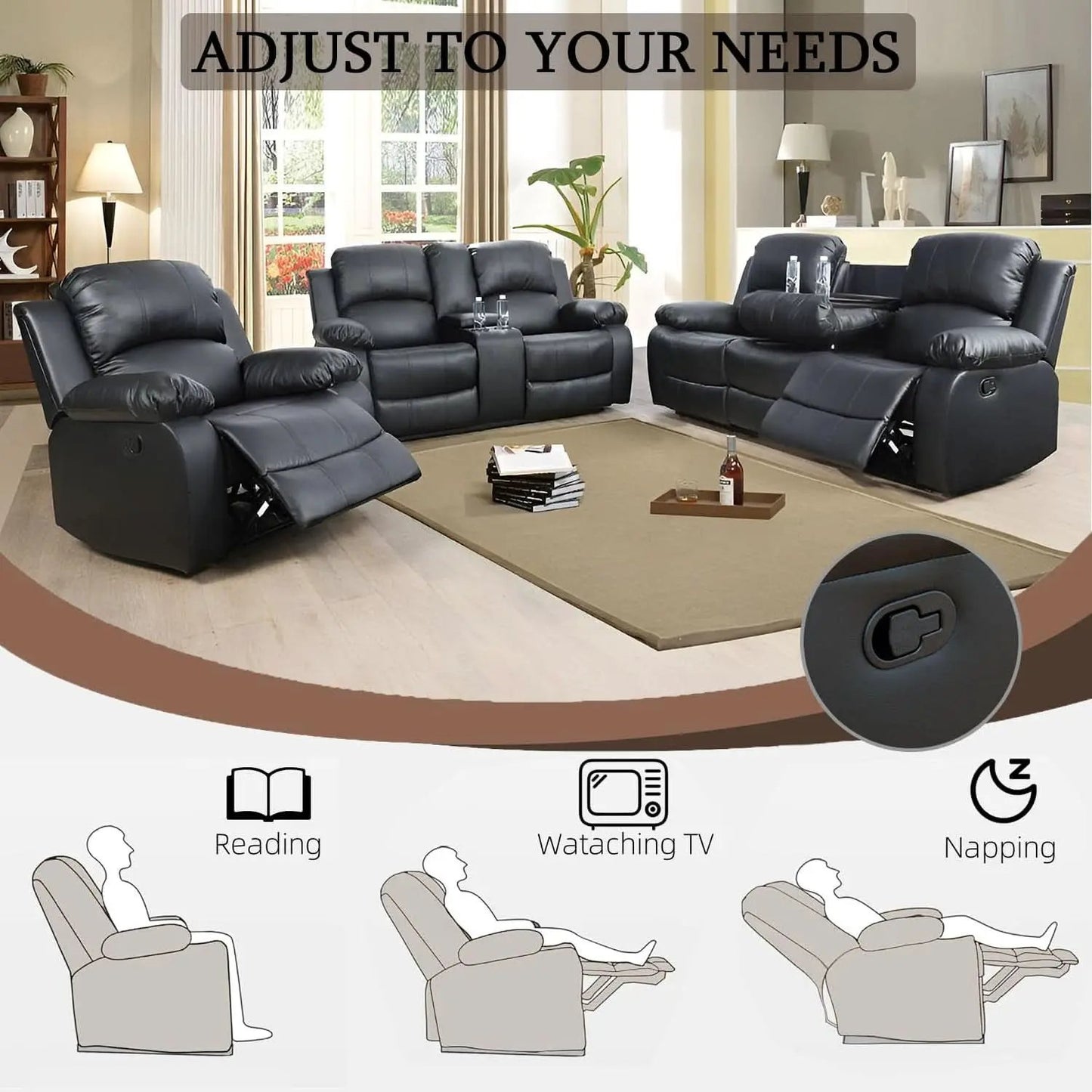 Black Recliner Sofa Set For Living Room Theater Seating from PriceLows™