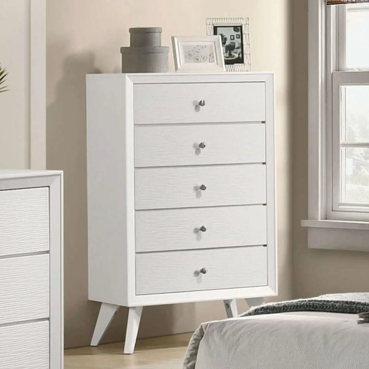Accent Chest | White Finish | Angled Legs | Wave Texture And Round Knobs