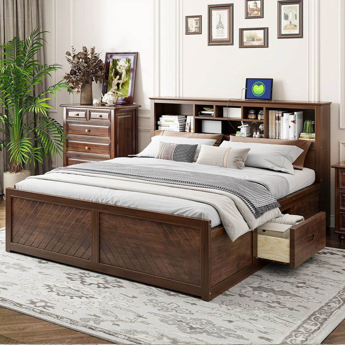 Platform Bed | Storage Headboard | USB Outlets | Solid Pine