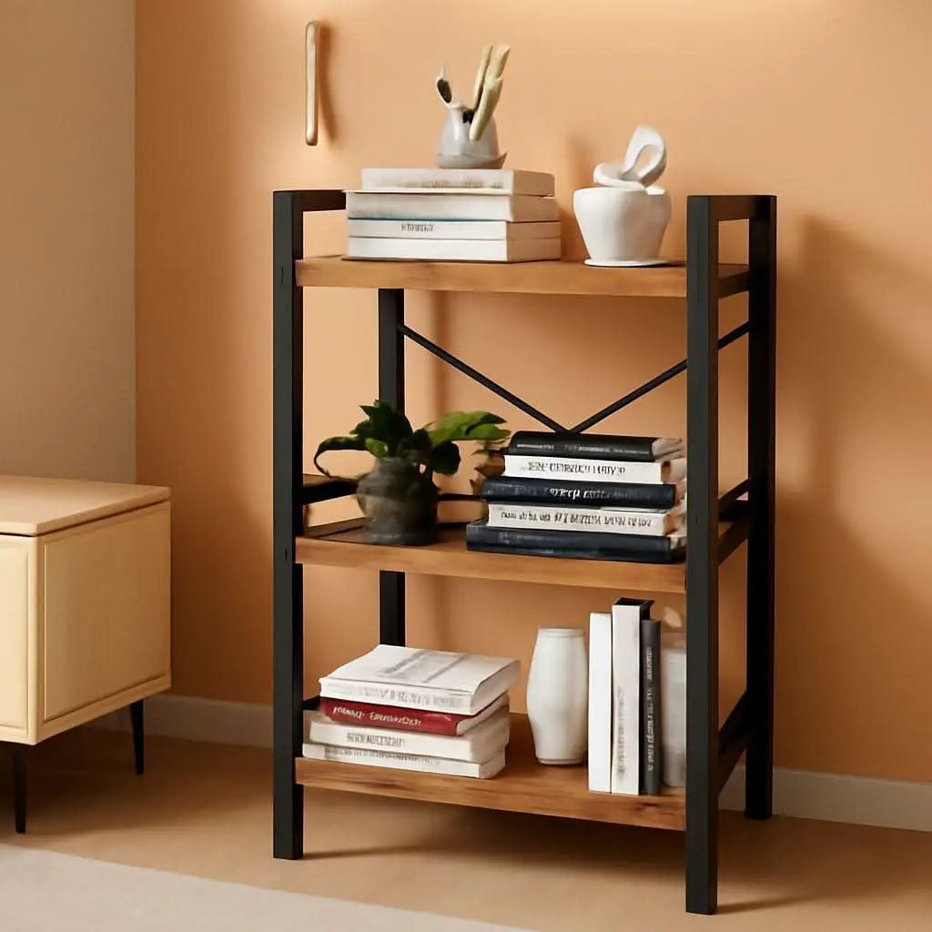 Rustic Brown 3 Tier Metal Bookshelf For Living Room from PriceLows™