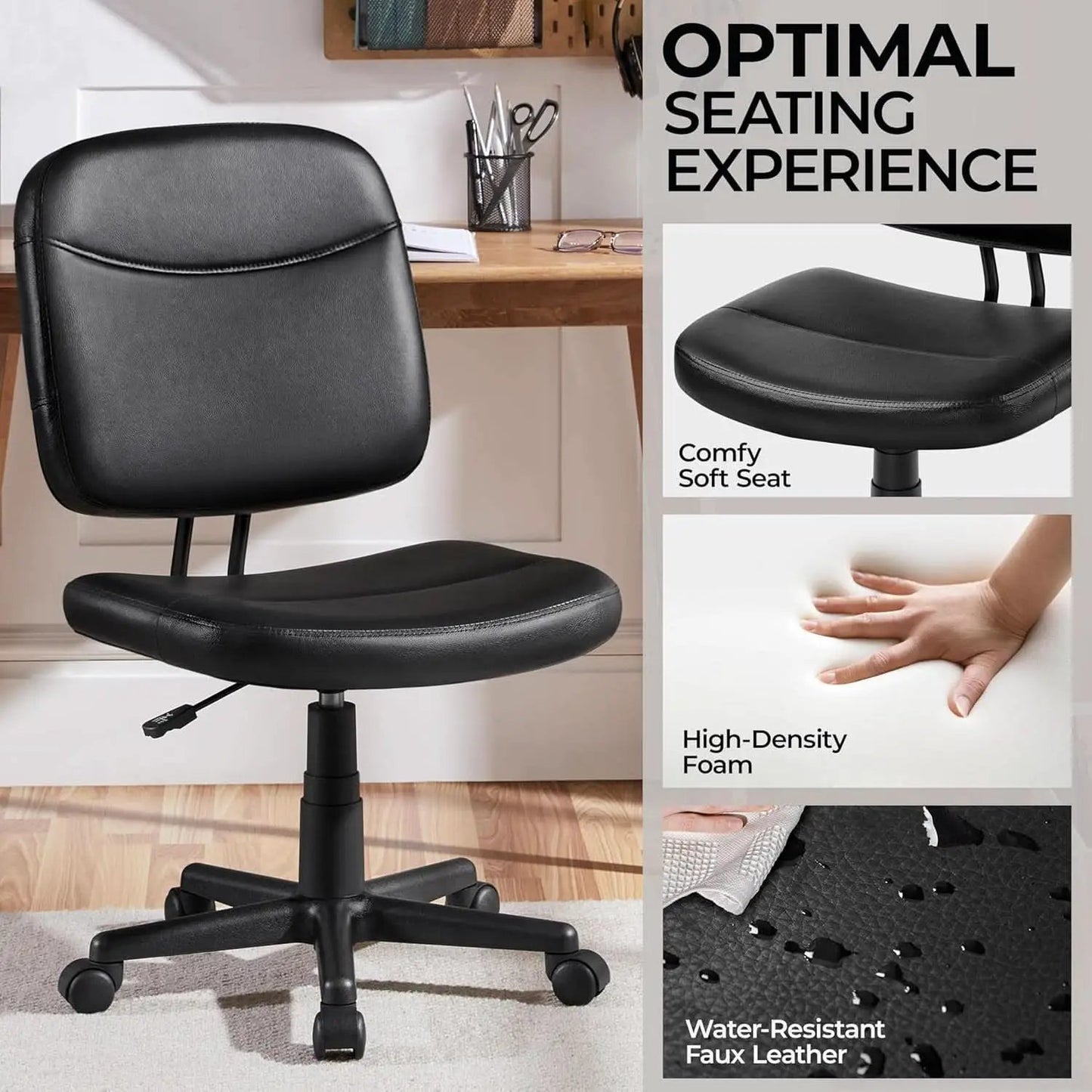 Armless Ergonomic Office Chair Black PU Leather Swivel from PriceLows™