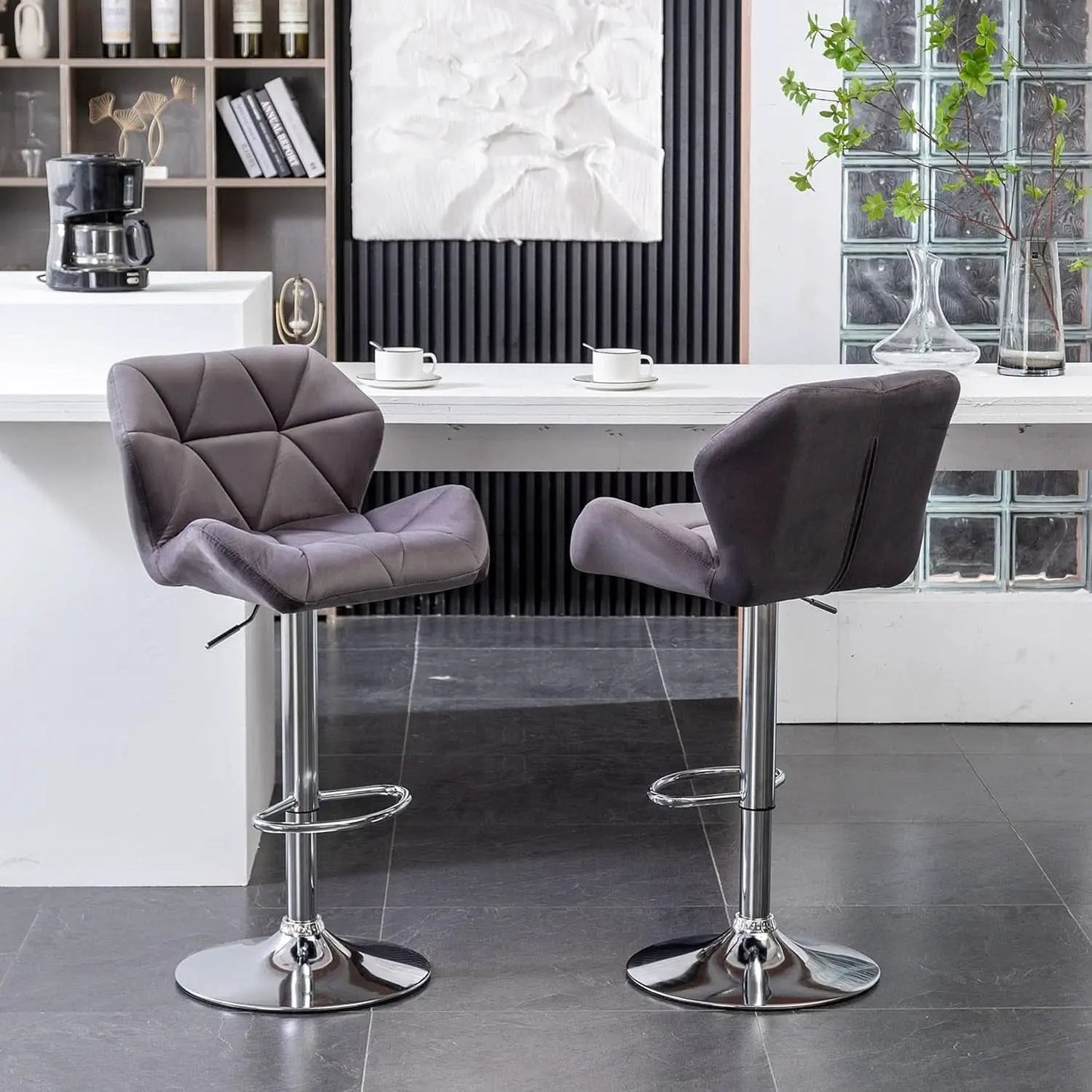 Breni Velvet Diamond Tufted Swivel Adjustable Height Bar Stool Set Of 2 Gray from PriceLows™