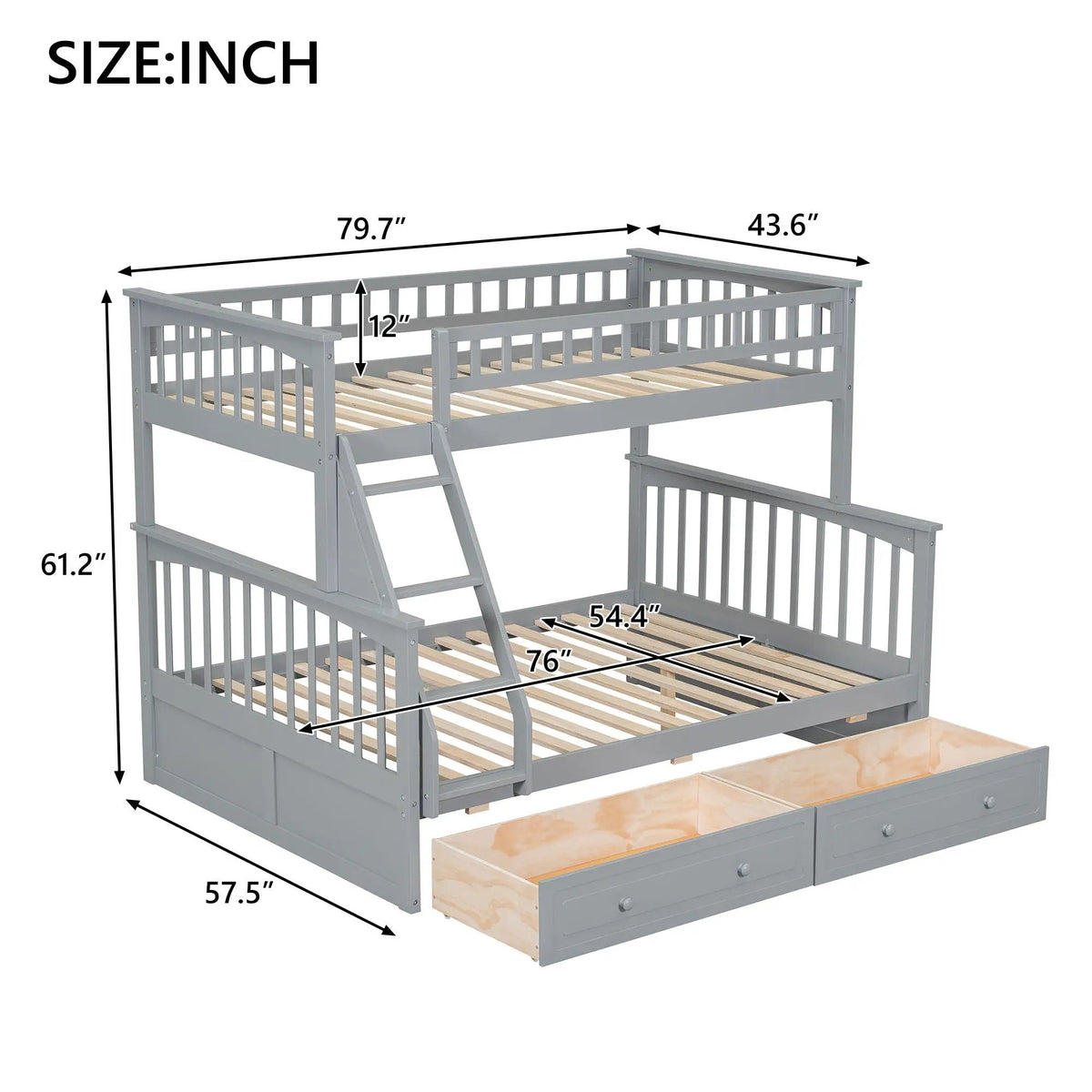 Bunk Bed With Drawers | Convertible Storage Design | Solid Pine Wood | Fence-Shaped Guardrail