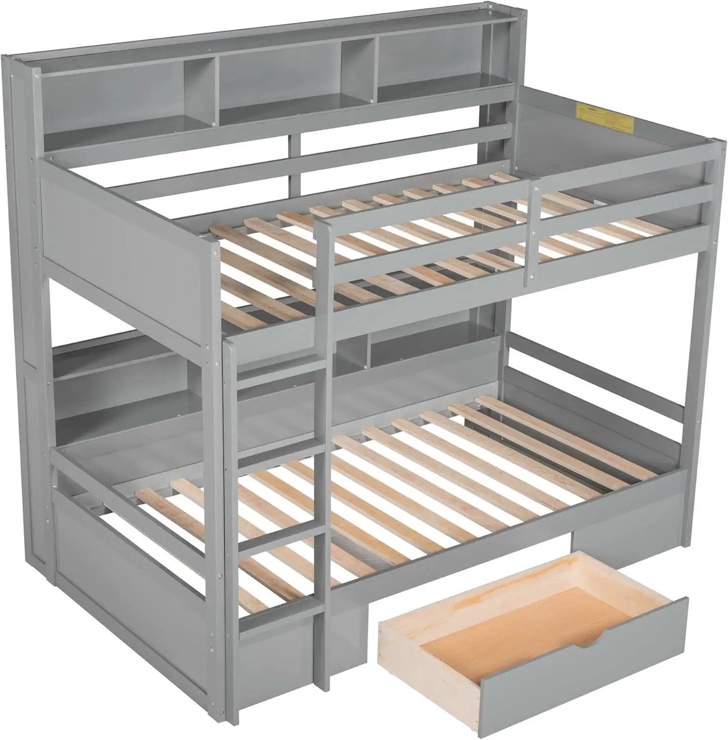 Grey Wood Twin Over Twin Bunk Bed With Storage Shelves And Drawer from PriceLows™
