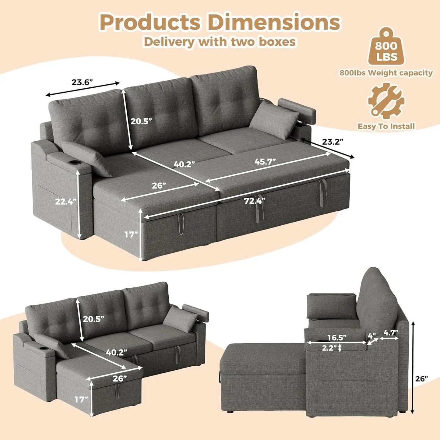 Charcoal LShaped Convertible Sleeper Sofa USB Ports from PriceLows™