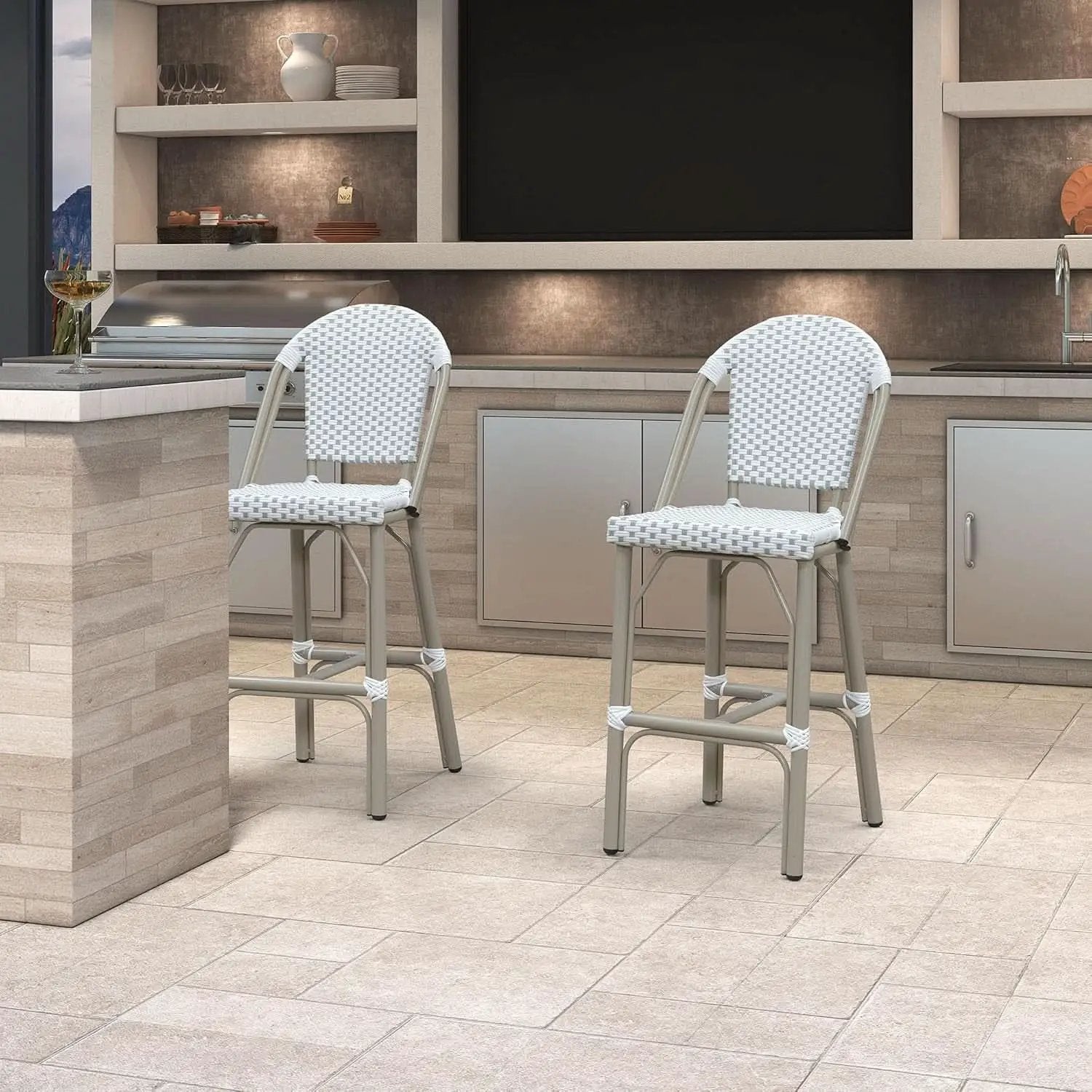 French Style Outdoor Bar Stools Set Of 2 27 Inch White And Grey from PriceLows™