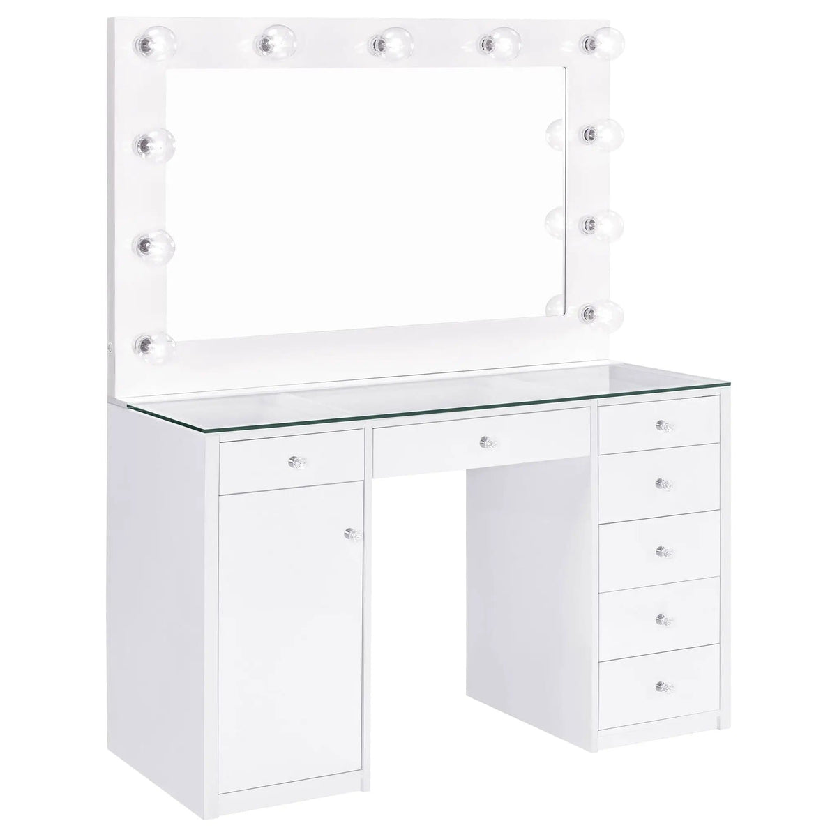Acena 7-drawer Vanity Set with Lighting White High Gloss | 46.5 x 18.5 x 61.5 in | Tempered Glass & Crystal | Bathroom