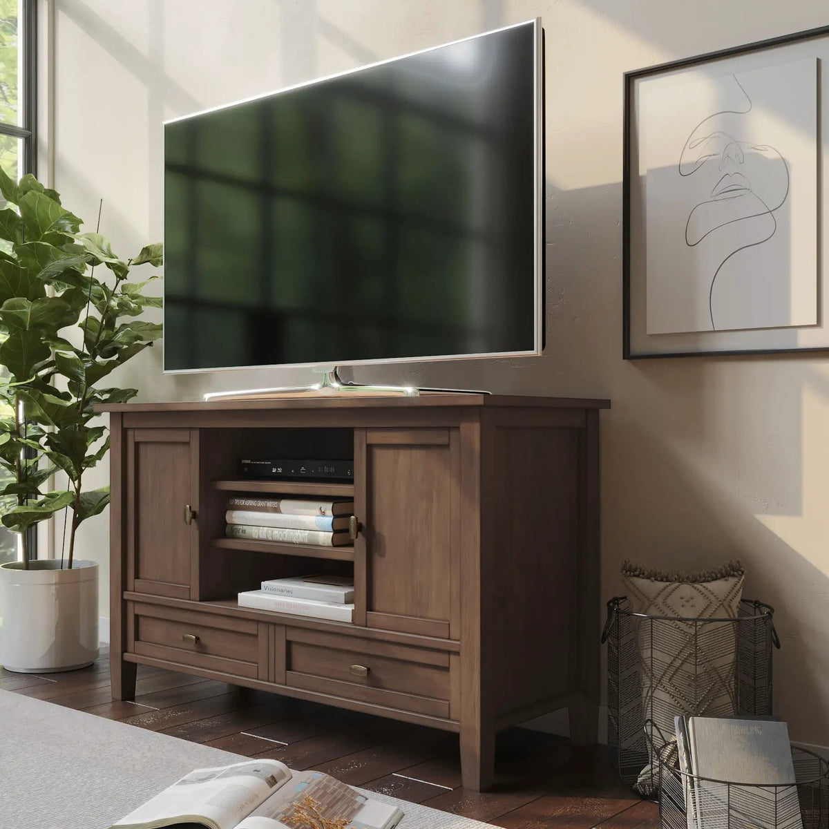 Warm Shaker TV Media Stand | Handcrafted Solid Wood | Two Bottom Drawers | 47 Inch Length
