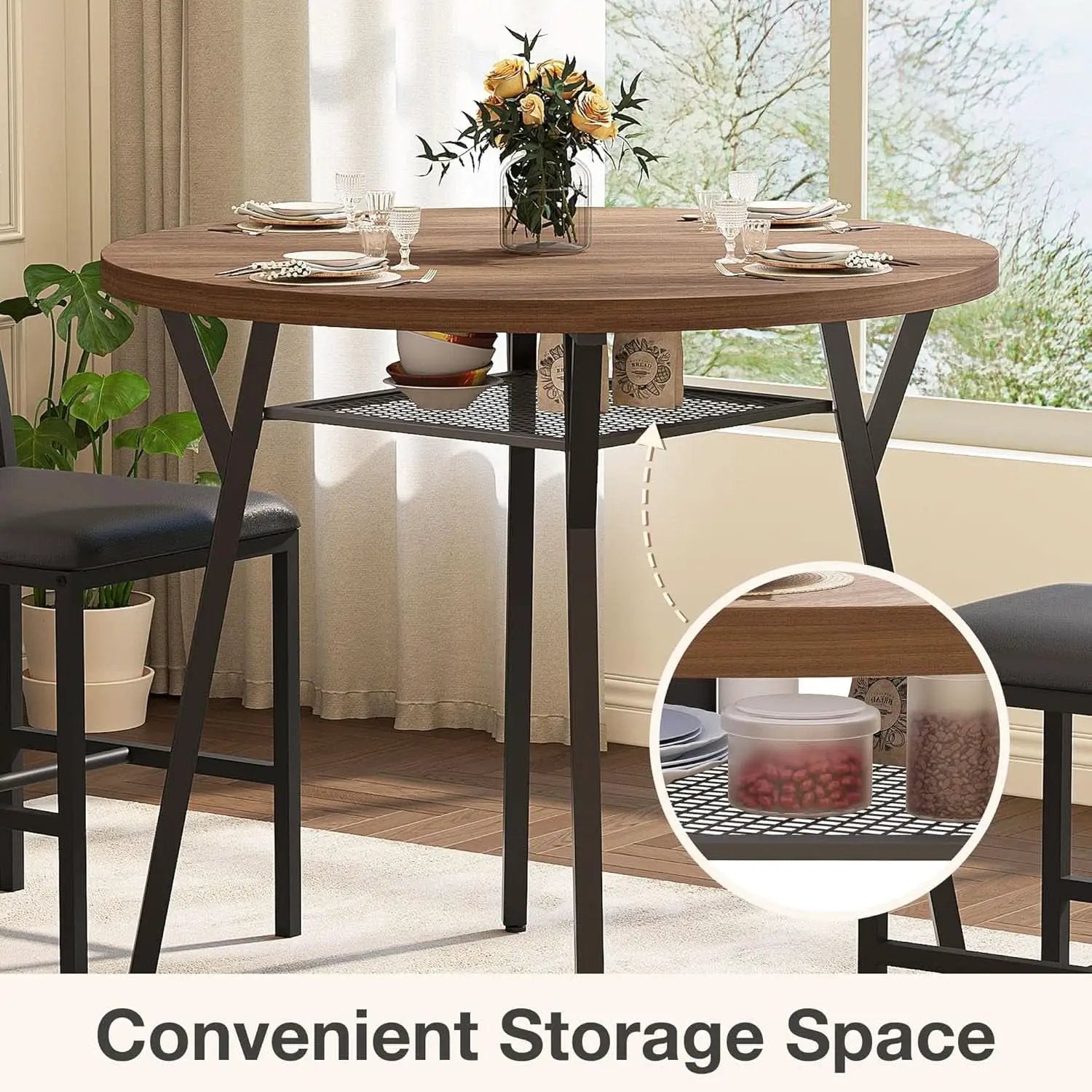 Round Dining Table Set For Four Walnut Wood Finish Metal from PriceLows™