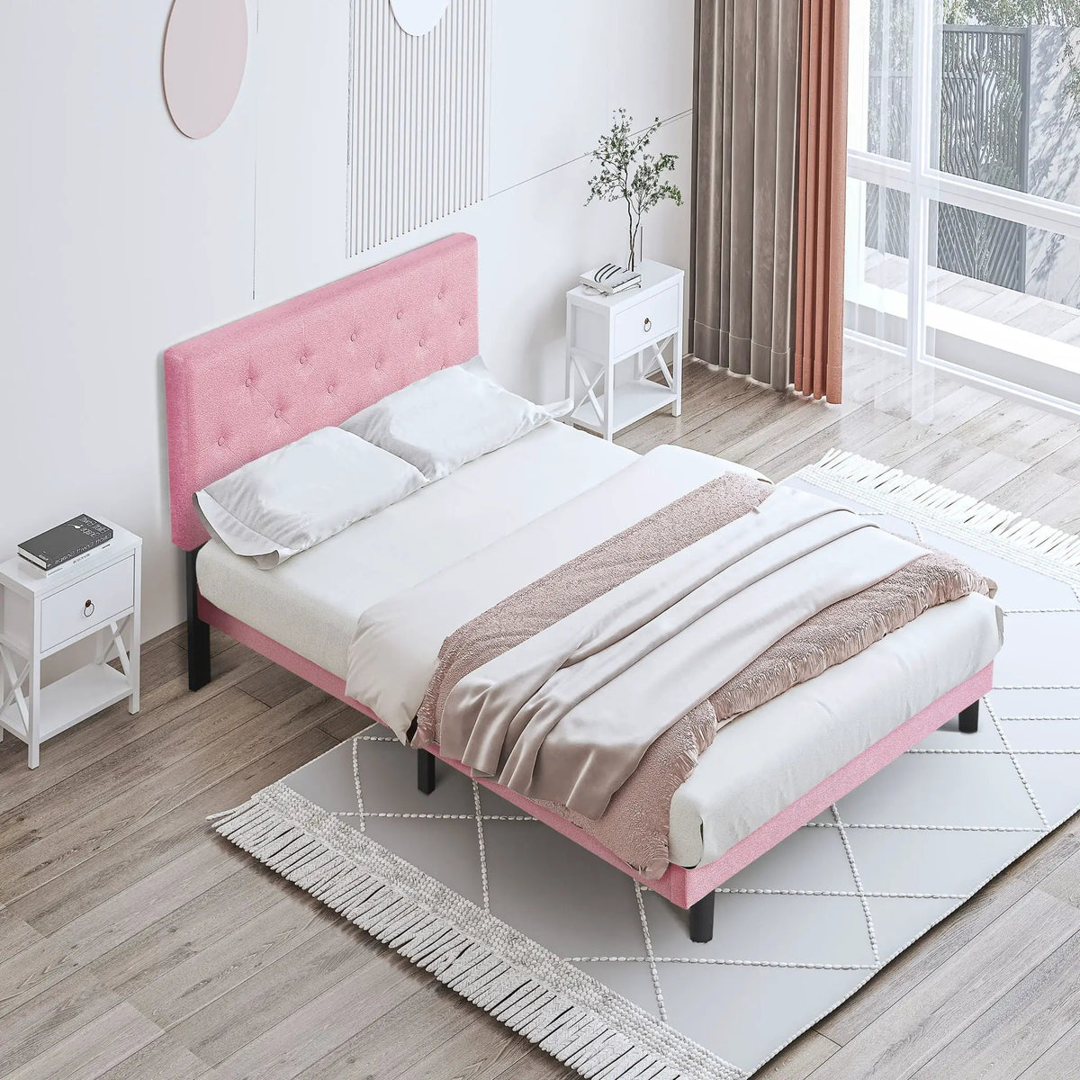 Platform Bed Frame | Button Tufted Headboard | Box Spring Free