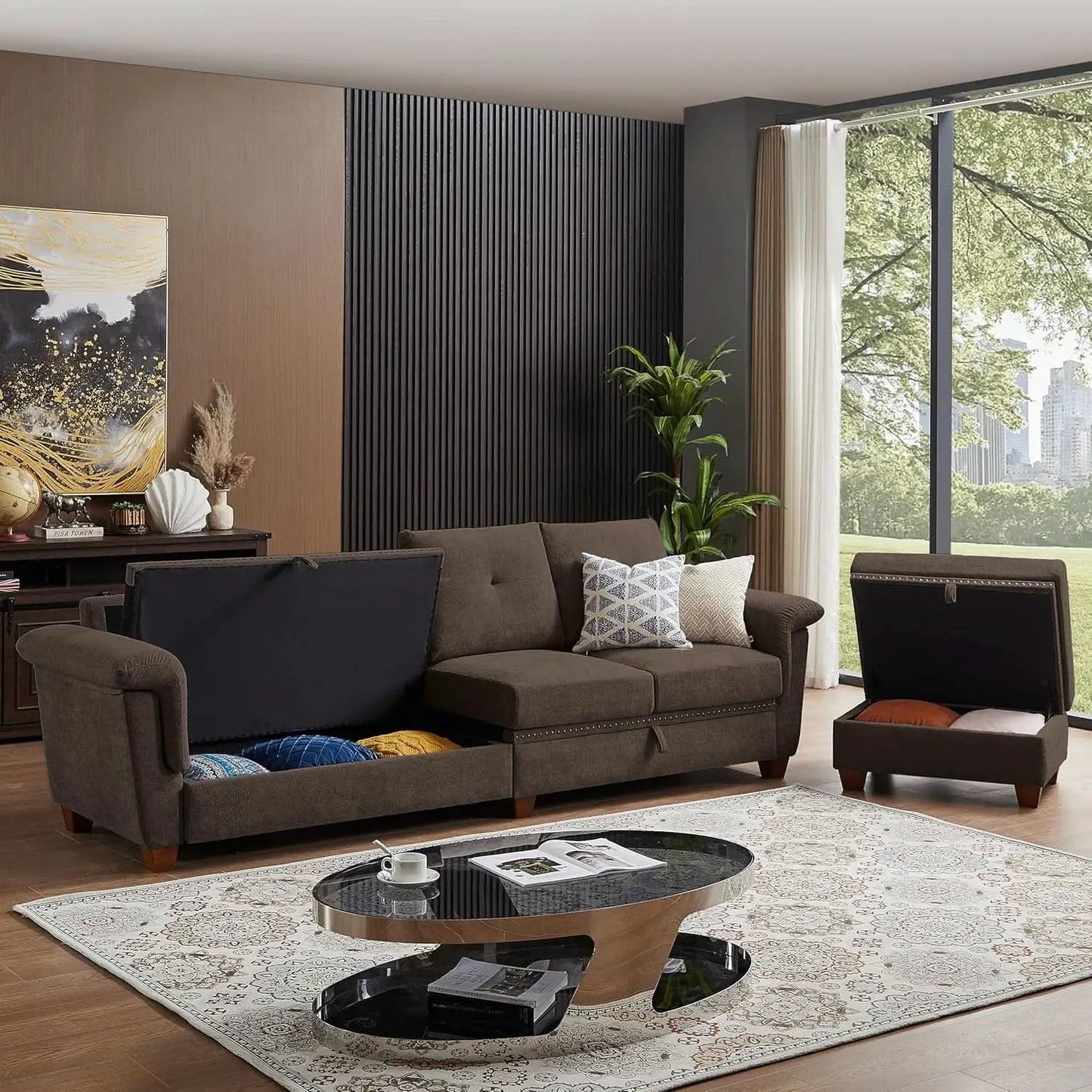 110 Inch Convertible Sectional Sofa With Storage Microfiber L Shaped Couch Ottoman Cup Holders from PriceLows™