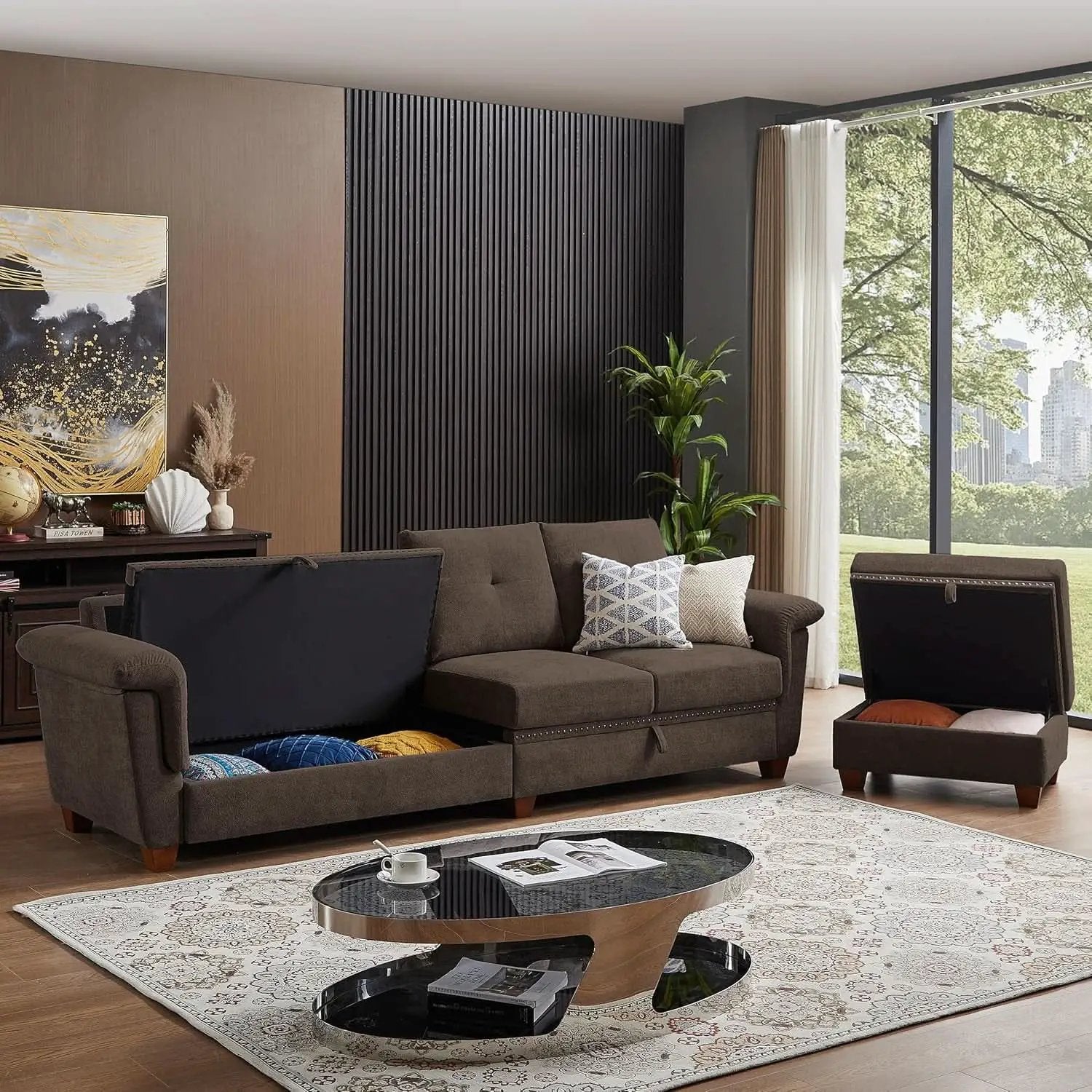 110 Inch Convertible Sectional Sofa With Storage Microfiber L Shaped Couch Ottoman Cup Holders from PriceLows™
