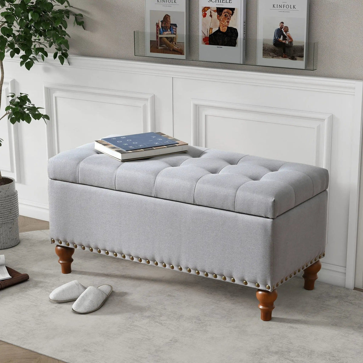 Upholstered Ottoman With Storage And Rivet Trim | 2 Pieces | Solid Wood | Living Room