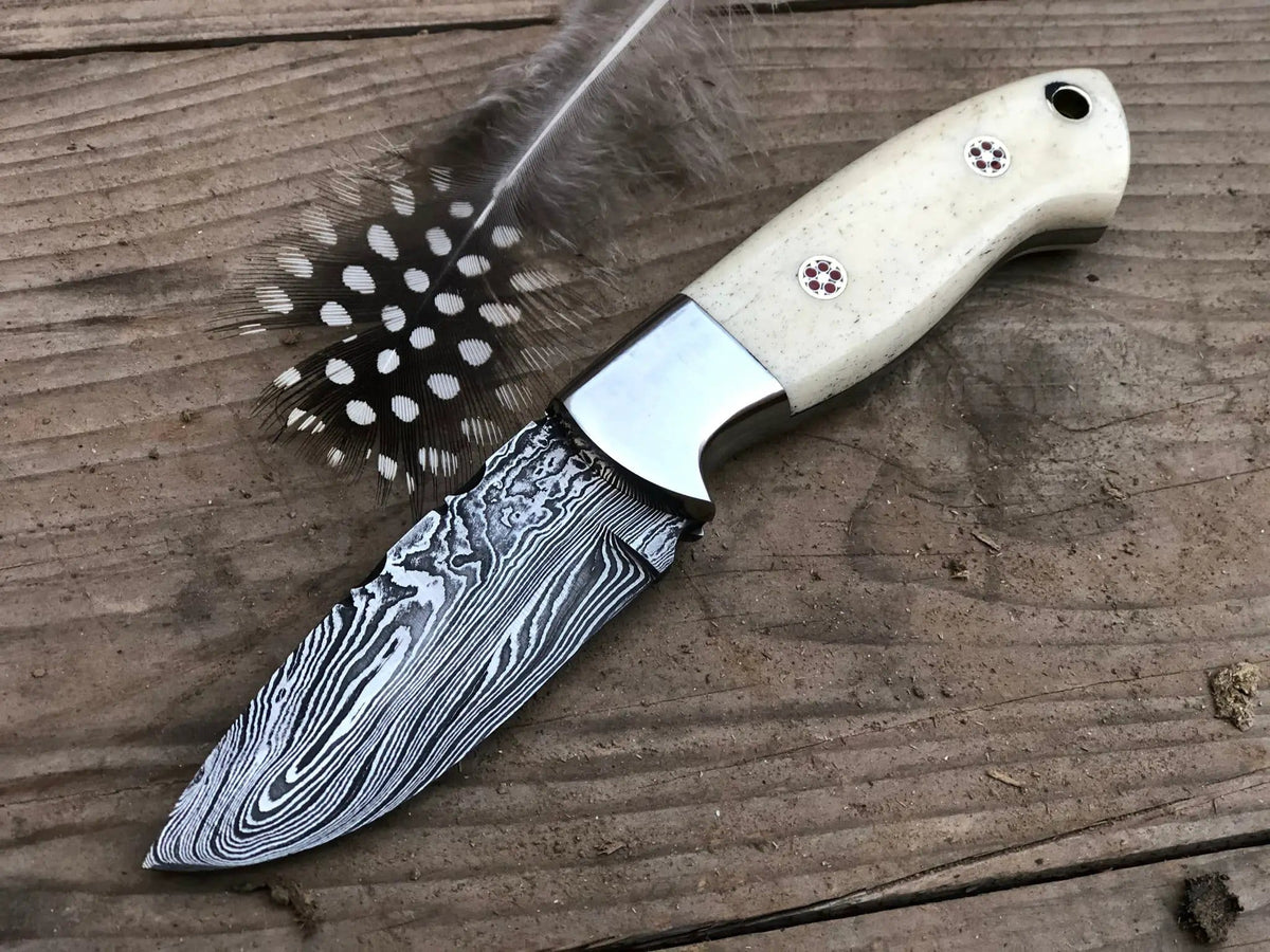 Handmade Damascus Hunting Knife | 7.5 Inch | Camel Bone Handle | Leather Sheath