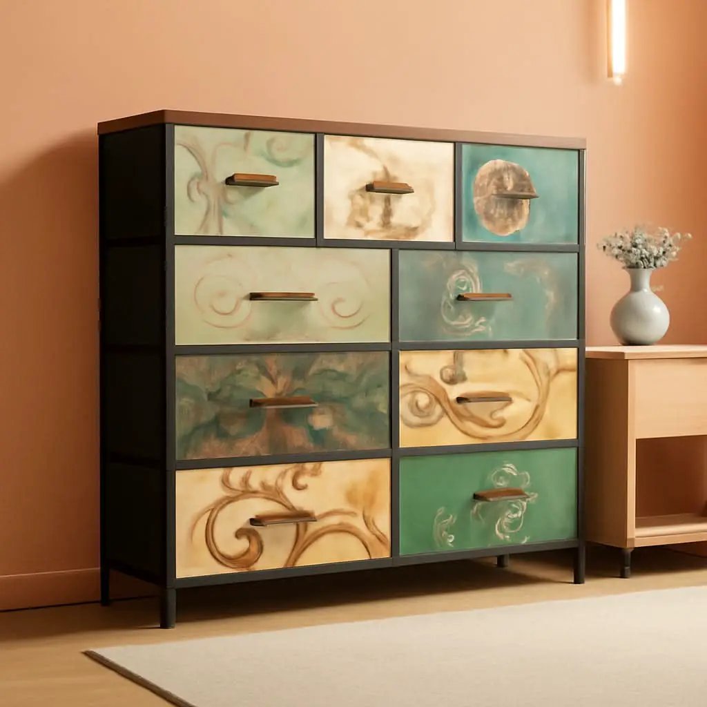 9 Drawer Dresser With Fabric Bins Floral Pattern Wood Top from PriceLows™