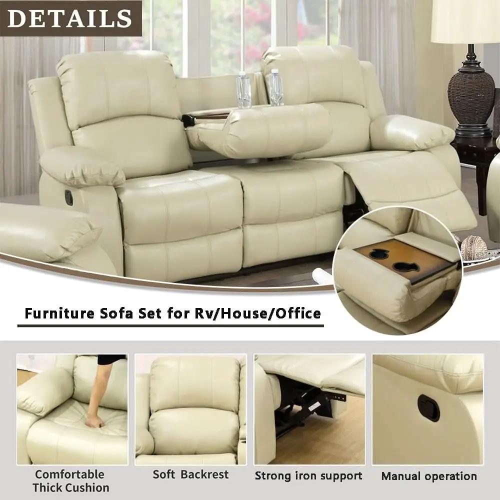 Beige Leather Recliner Sofa Set With Built In Coffee Table from PriceLows™