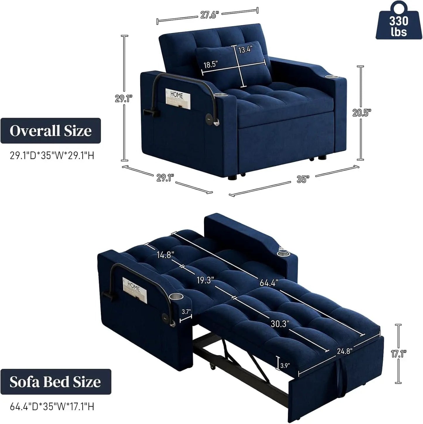 Blue Velvet SpaceSaving Convertible Sofa Chair USB from PriceLows™