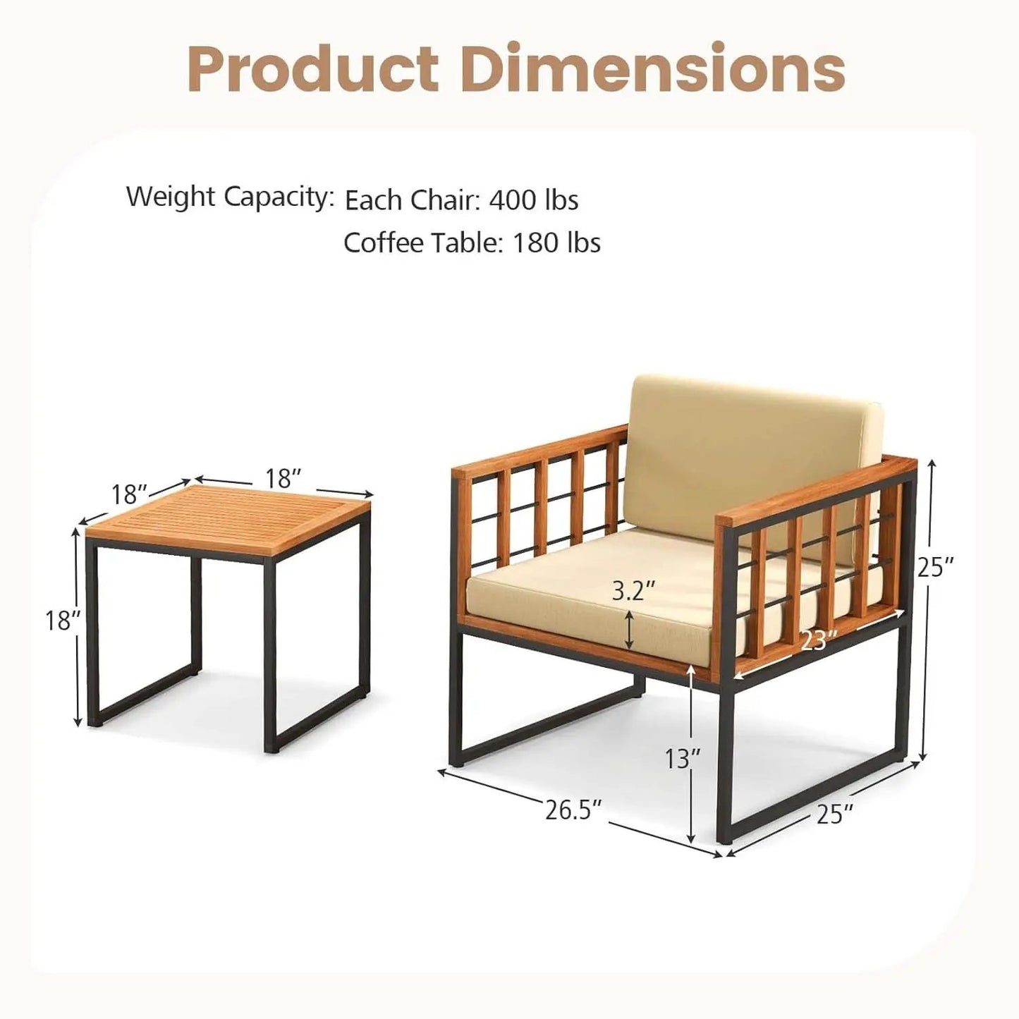 Three Piece Acacia Wood Patio Chair Set With Cushioned Seats For Balcony Porch And Backyard Beige from PriceLows™