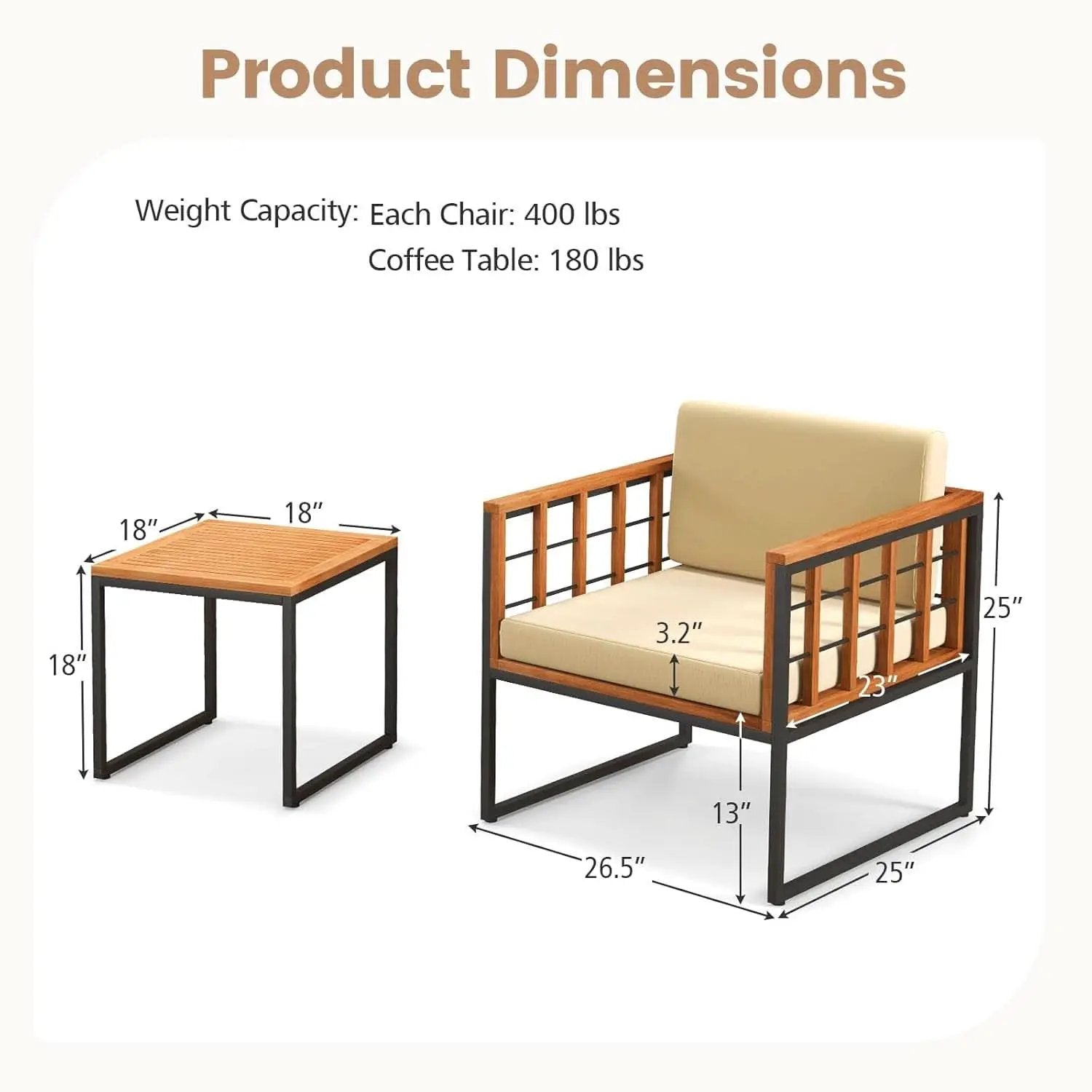 Three Piece Acacia Wood Patio Chair Set With Cushioned Seats For Balcony Porch And Backyard Beige from PriceLows™