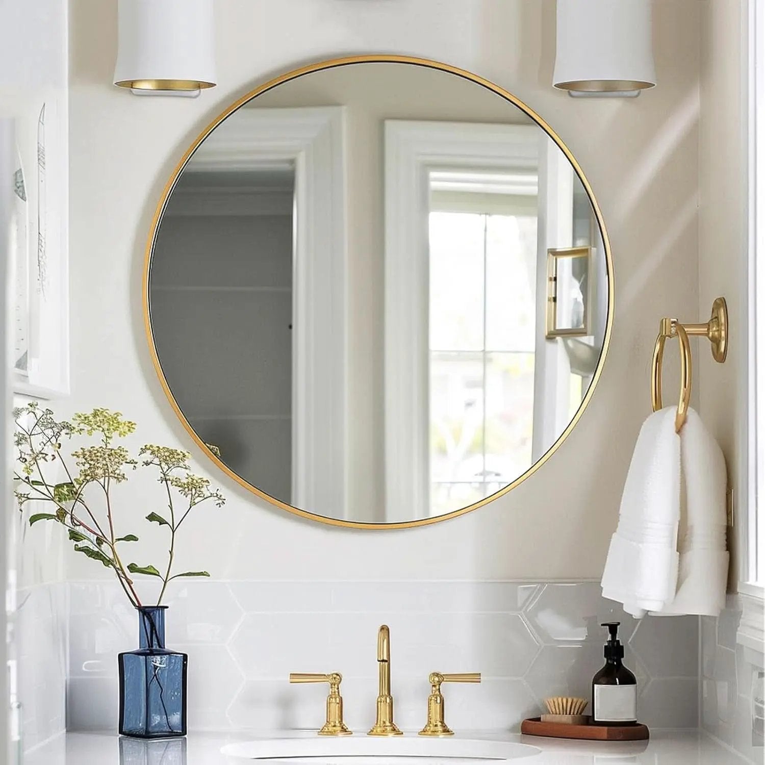 24 Inch Gold Round Mirror Shatterproof For Bathroom Hallway from PriceLows™