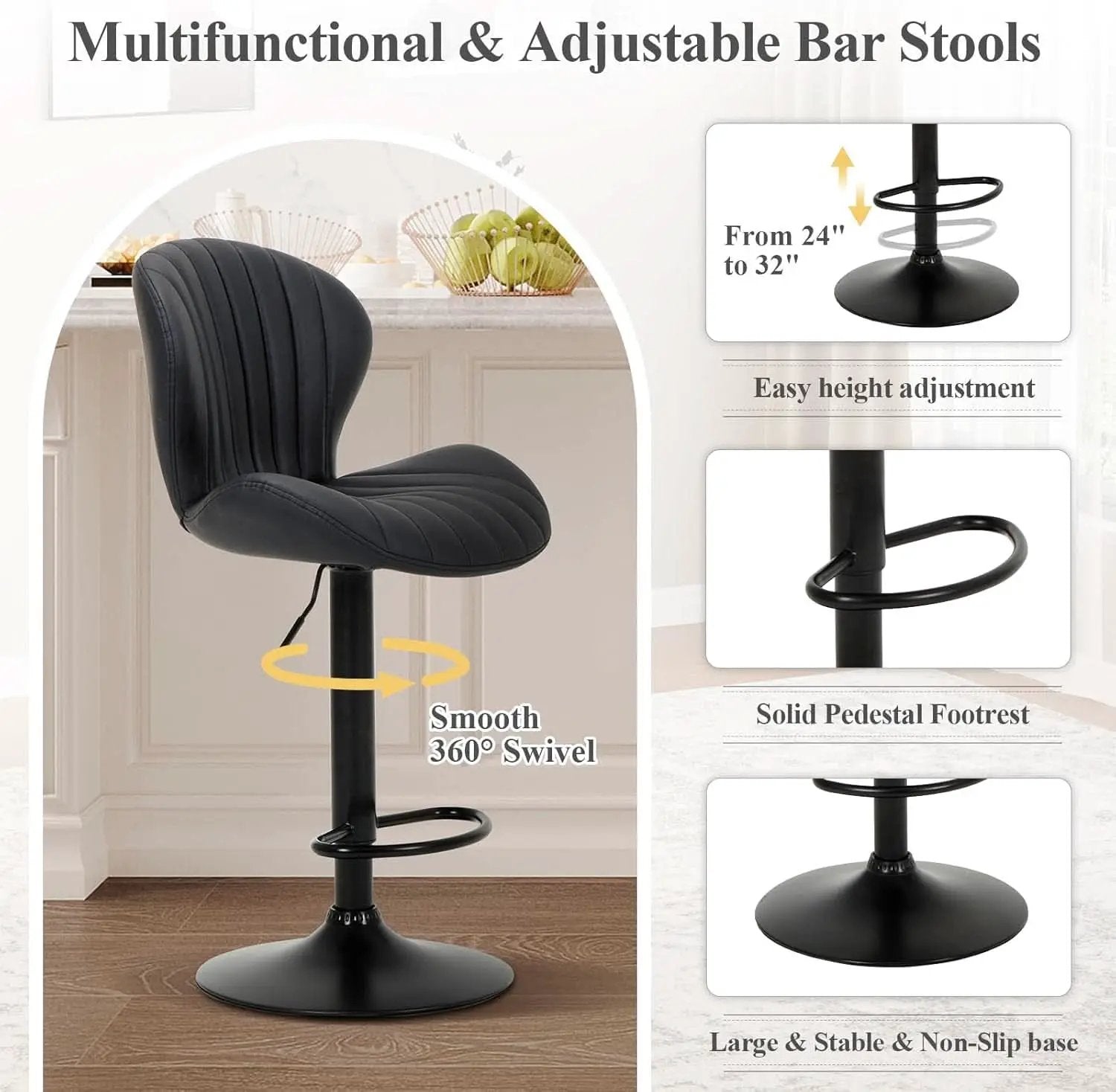 Black Adjustable Faux Leather Swivel Bar Stool Set Of Four from PriceLows™