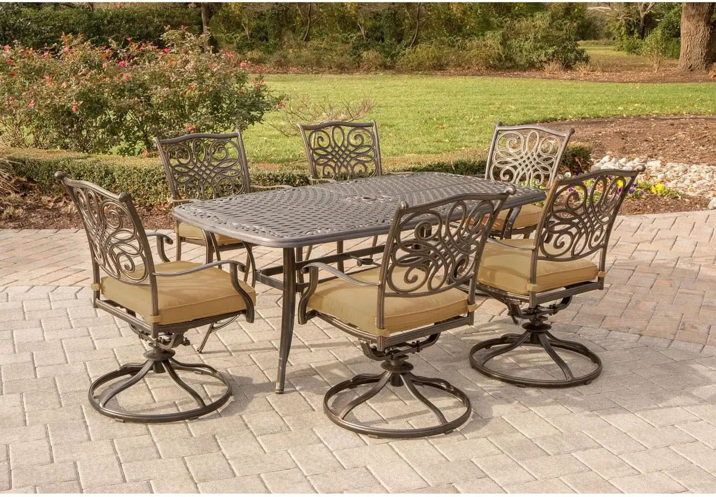 7 Piece Patio Dining Set 6 Swivel Chairs Tan Cushions 38x72 from PriceLows™