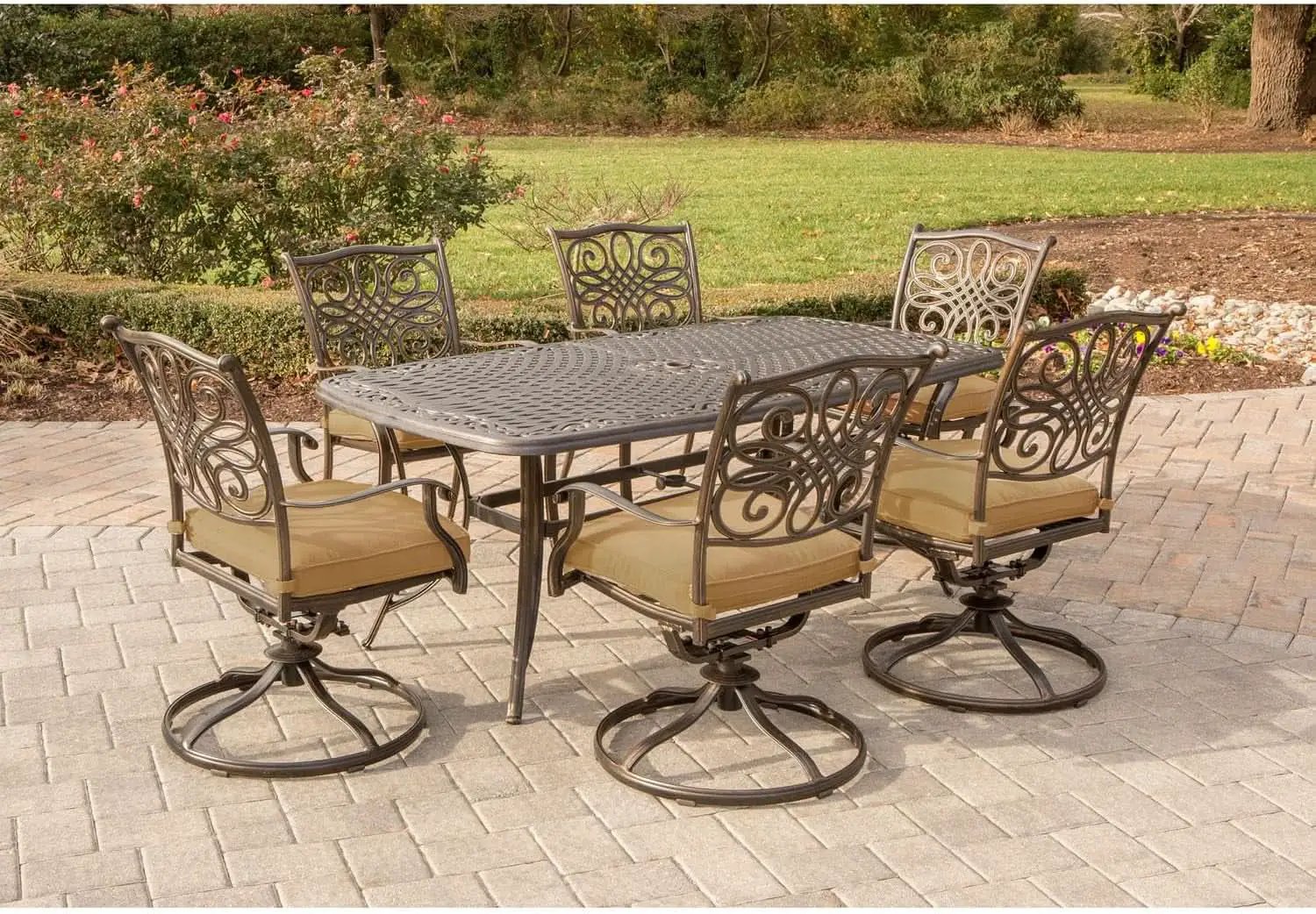 7 Piece Patio Dining Set 6 Swivel Chairs Tan Cushions 38x72 from PriceLows™