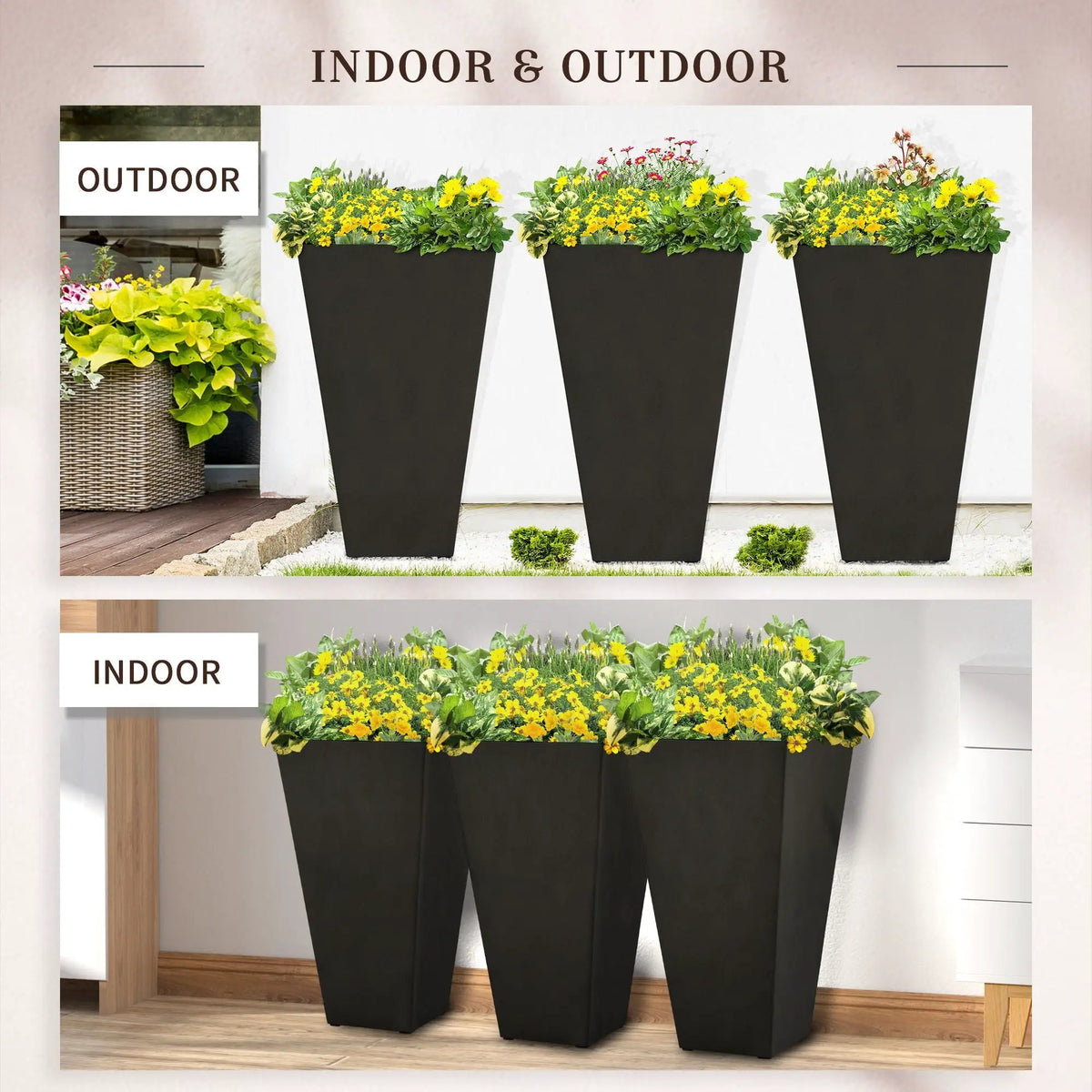 Outsunny Tapered Outdoor Planters | Set Of 3 | Faux Wood Grain Look | Drainage Holes And Plug