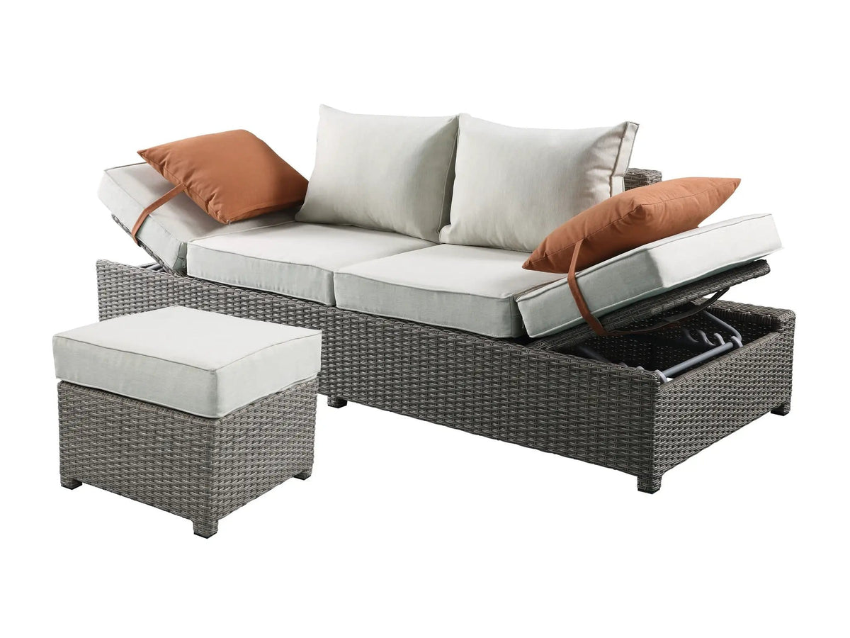 Salena All Weather Wicker Patio Sofa & Ottoman With 2 Toss Pillows 2 Piece Outdoor | 31 x 83 x 26 in | Polyester & Fabric | Gray / Beige