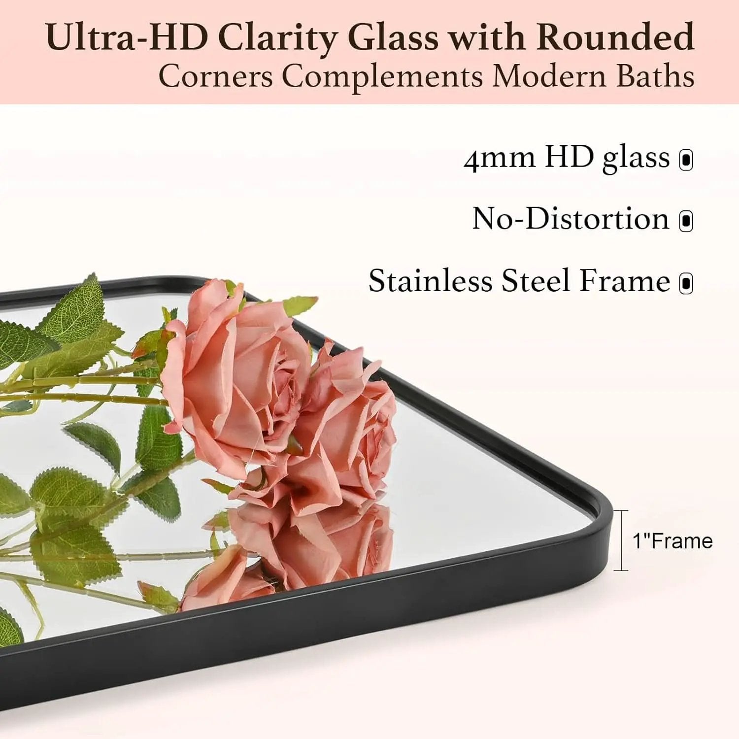 24x36 Inch Black Rounded Rectangle Bathroom Mirror With Anti Rust Stainless Steel Frame from PriceLows™